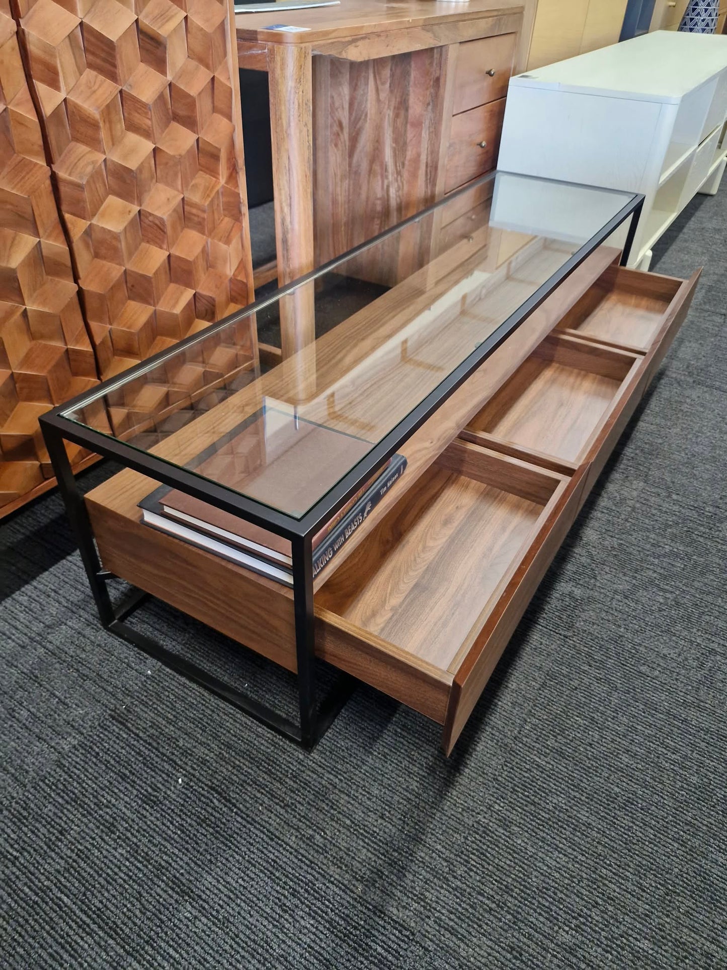 Dark Walnut Wood Tv Unit with black metal frame, glass Top and 3 storage drawers