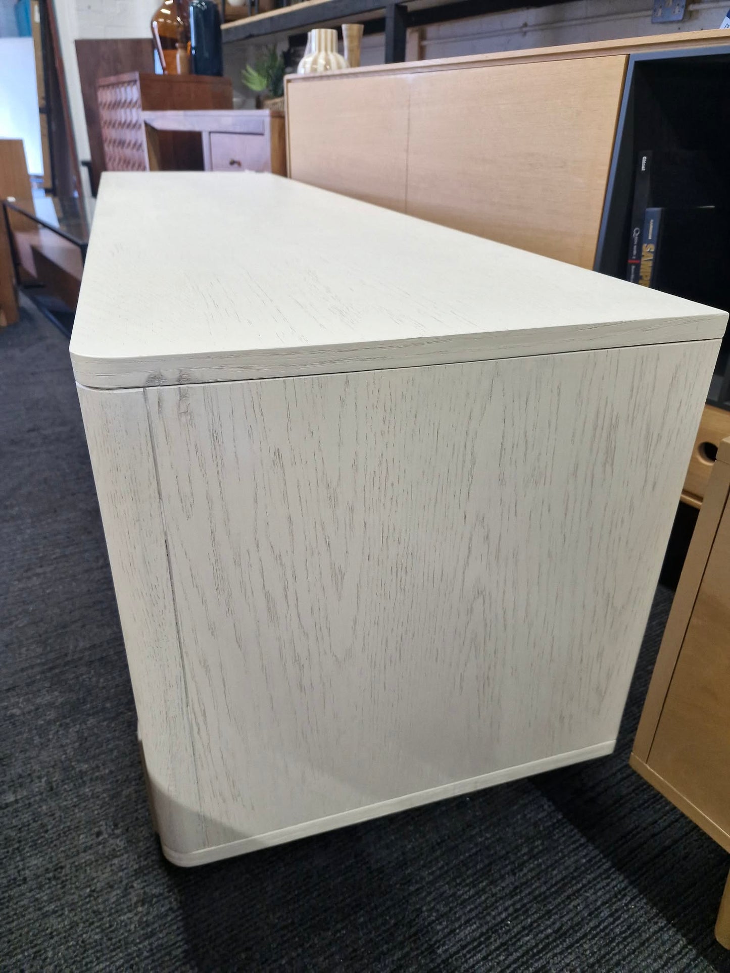 Off White Washed Wood Tv Stand / Sculptural Tv Unit with block legs