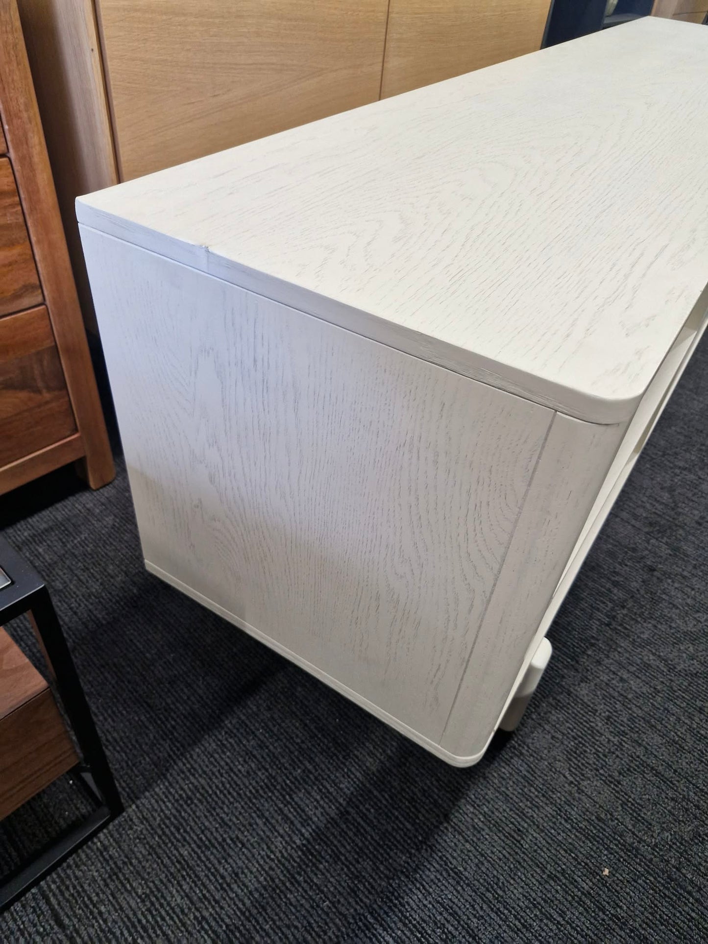 Off White Washed Wood Tv Stand / Sculptural Tv Unit with block legs