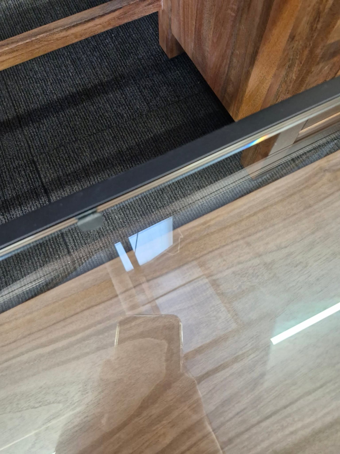 Dark Walnut Wood Tv Unit with black metal frame, glass Top and 3 storage drawers