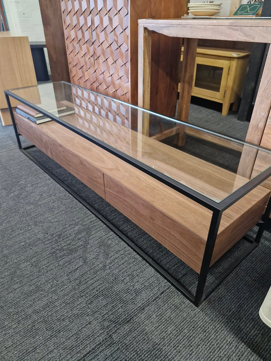 Dark Walnut Wood Tv Unit with black metal frame, glass Top and 3 storage drawers
