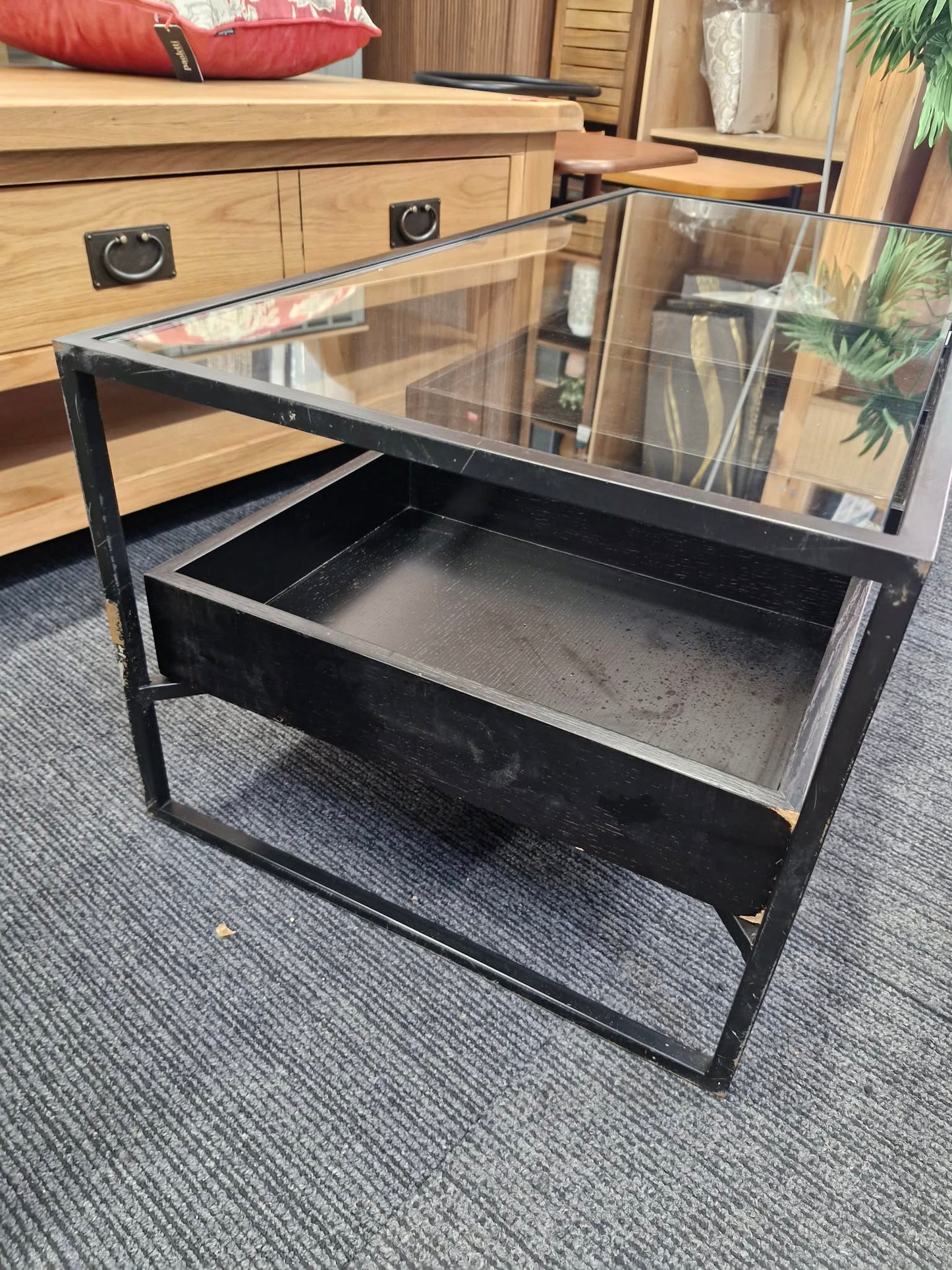 Black Storage Coffee Table / Metal, Wood and Glass with removable trays