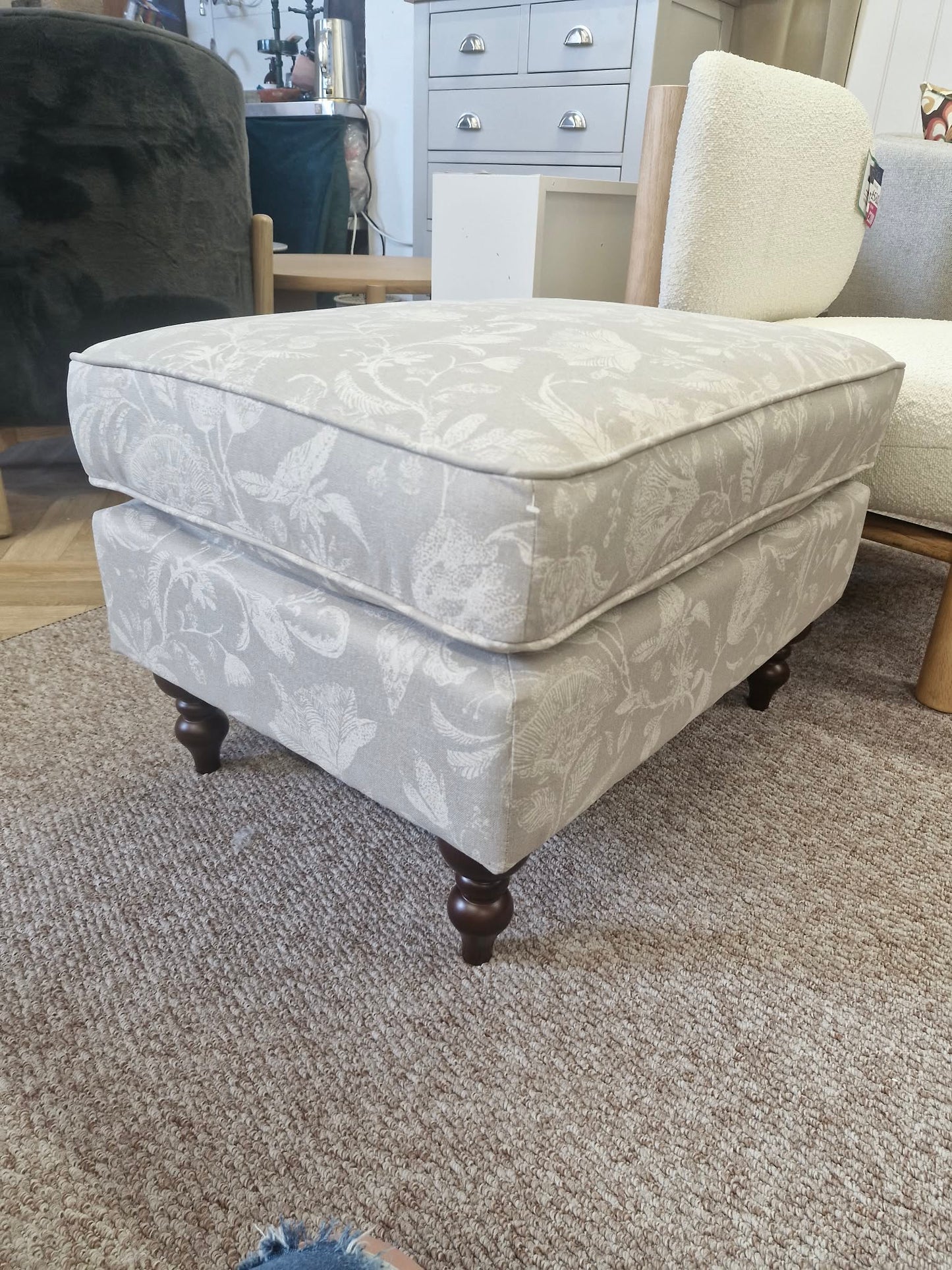 Light Sage Floral Print and Dark wood legs footstool ottoman