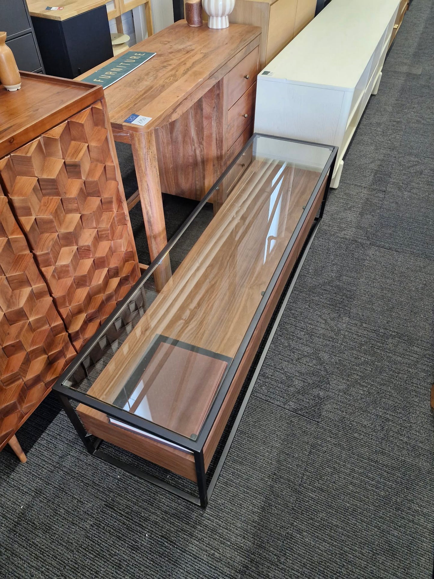 Dark Walnut Wood Tv Unit with black metal frame, glass Top and 3 storage drawers