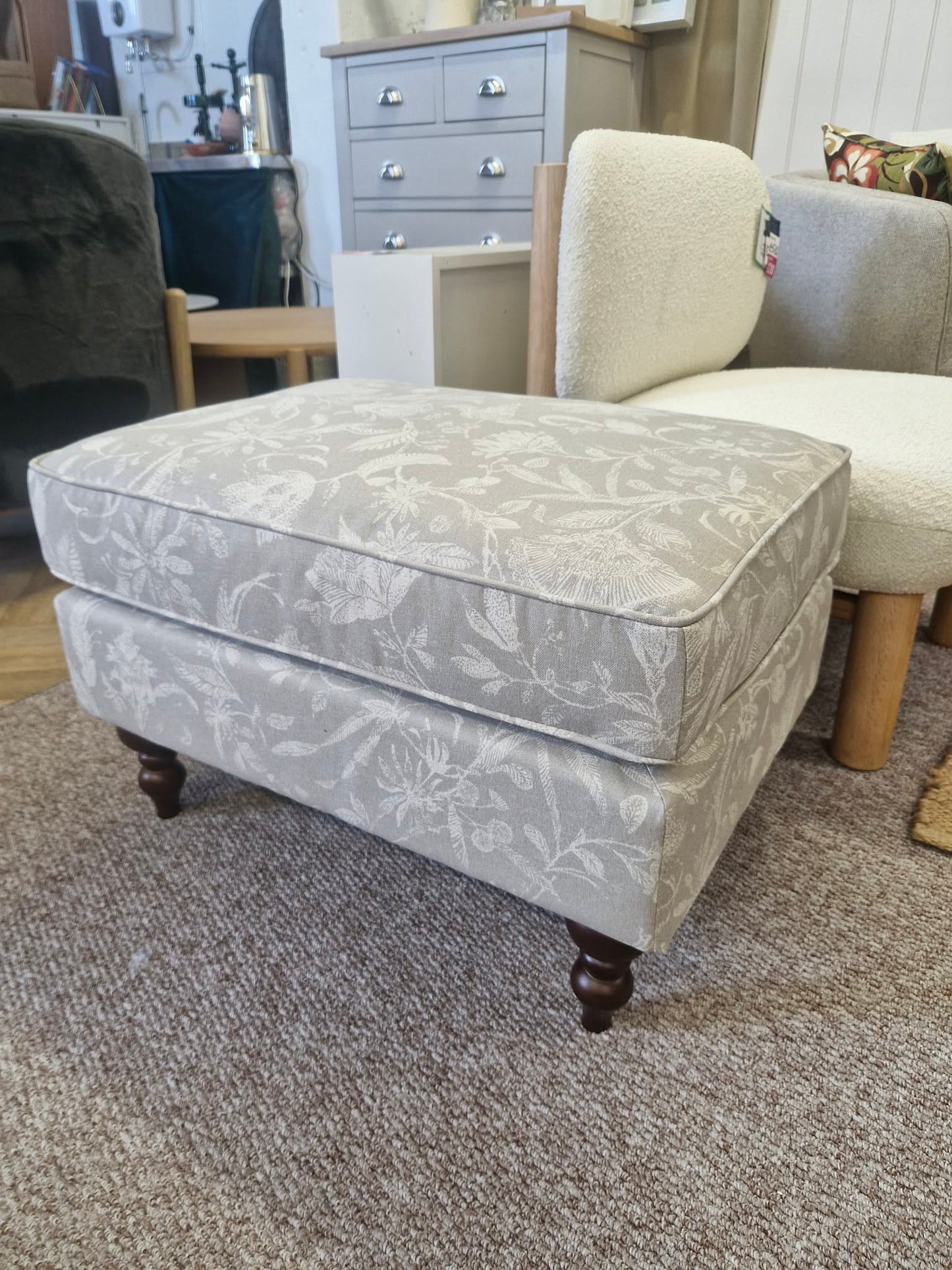 Light Sage Floral Print and Dark wood legs footstool ottoman