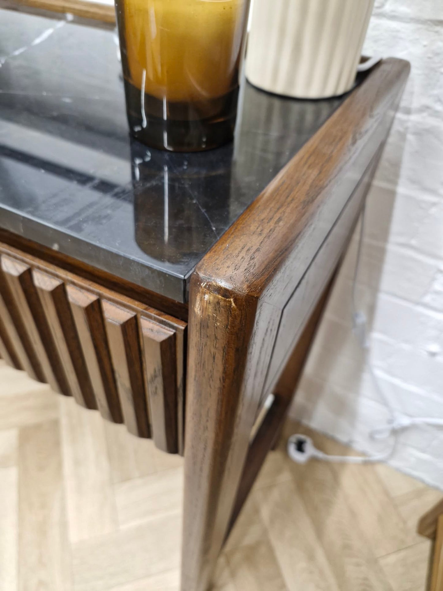 Solid oak and black marble console table / vanity desk / Ribbed front