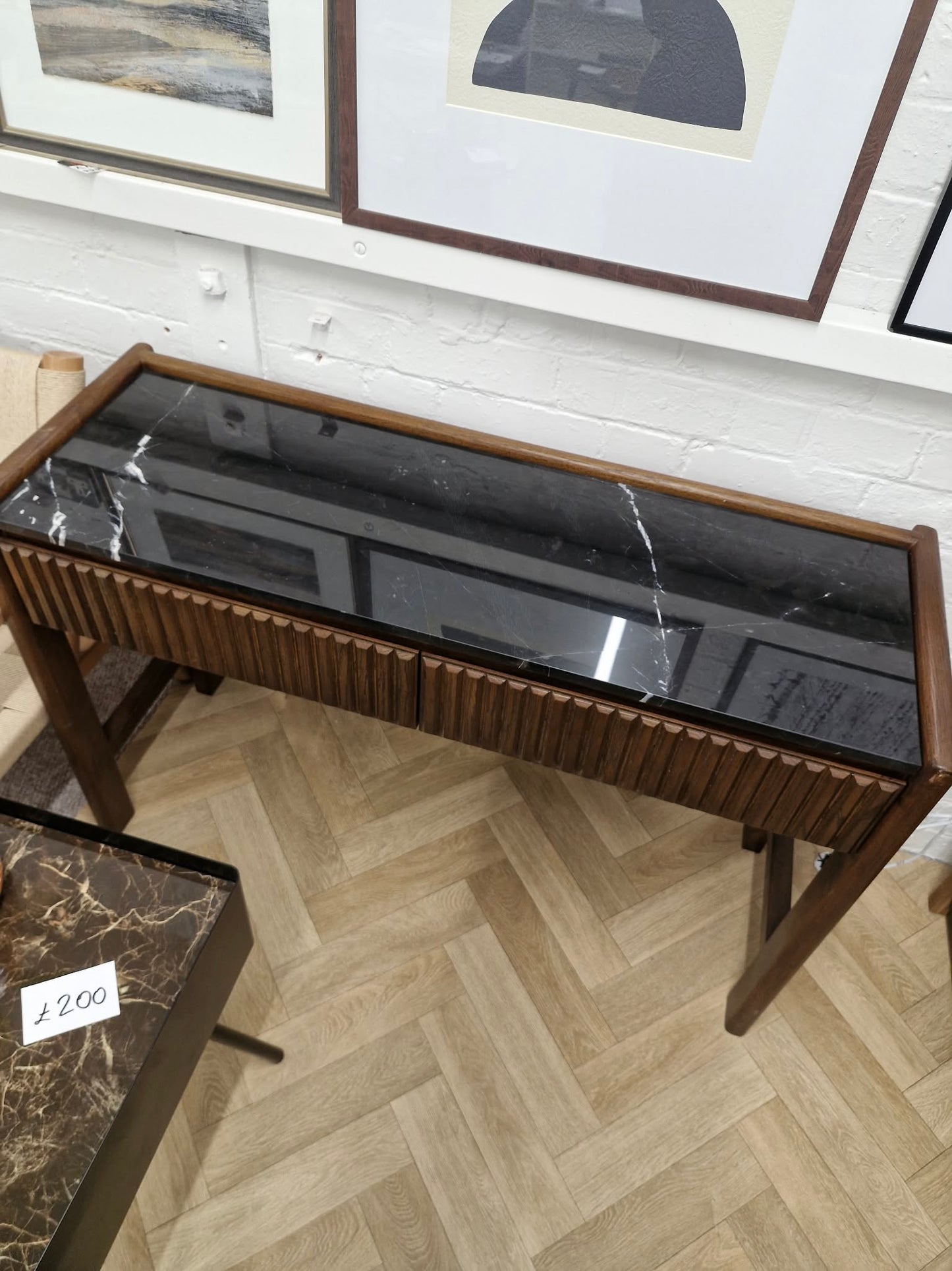 Solid oak and black marble console table / vanity desk / Ribbed front