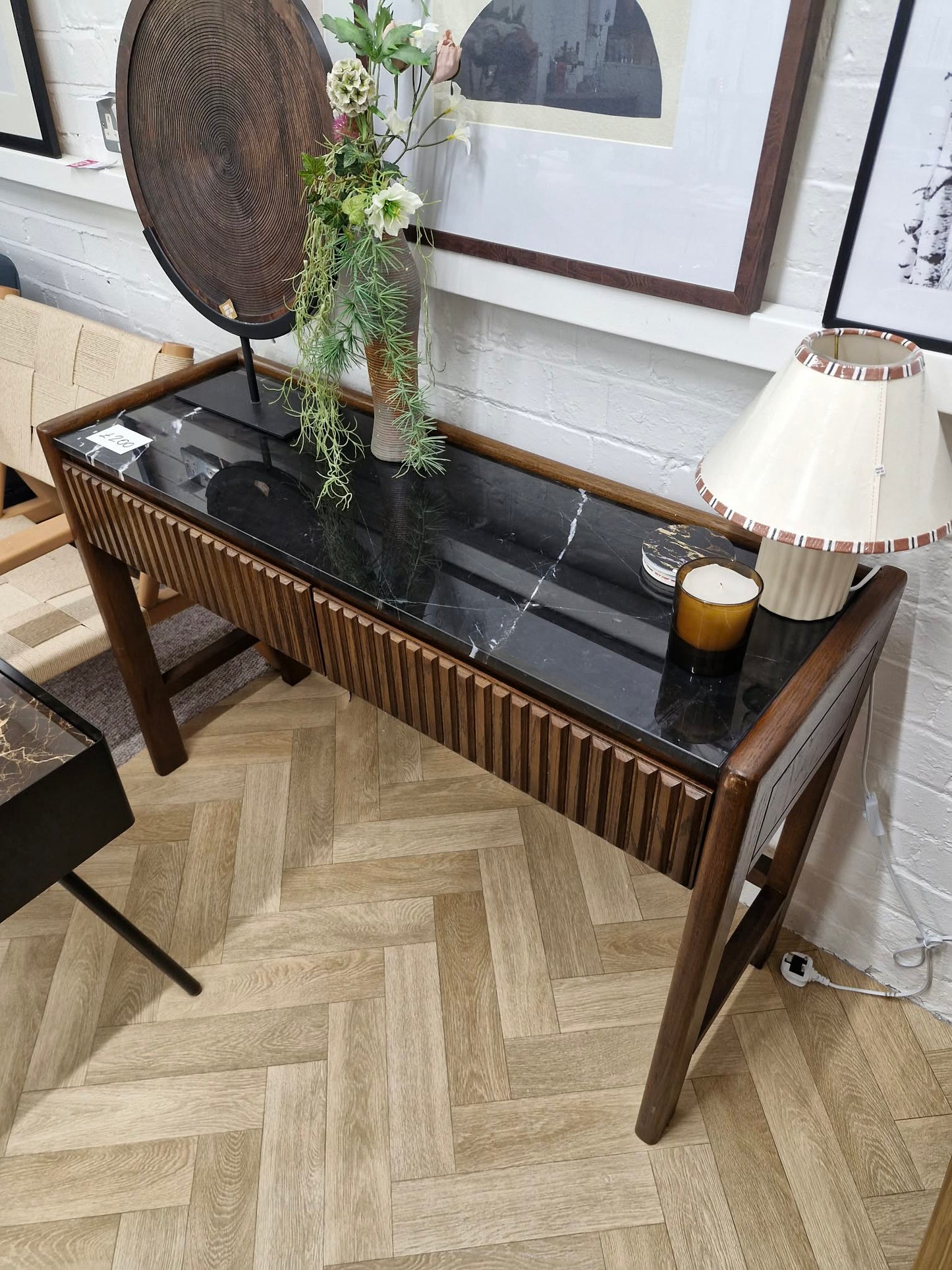 Solid oak and black marble console table / vanity desk / Ribbed front