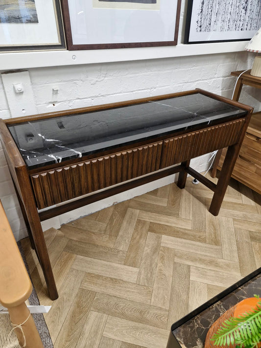 Solid oak and black marble console table / vanity desk / Ribbed front