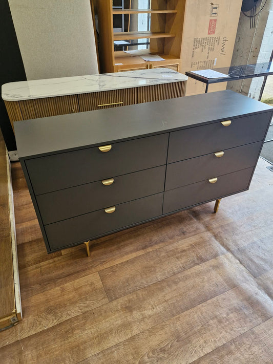 Charcoal Grey and Brass Large Sideboard  / Wide 6 Chest of Drawers