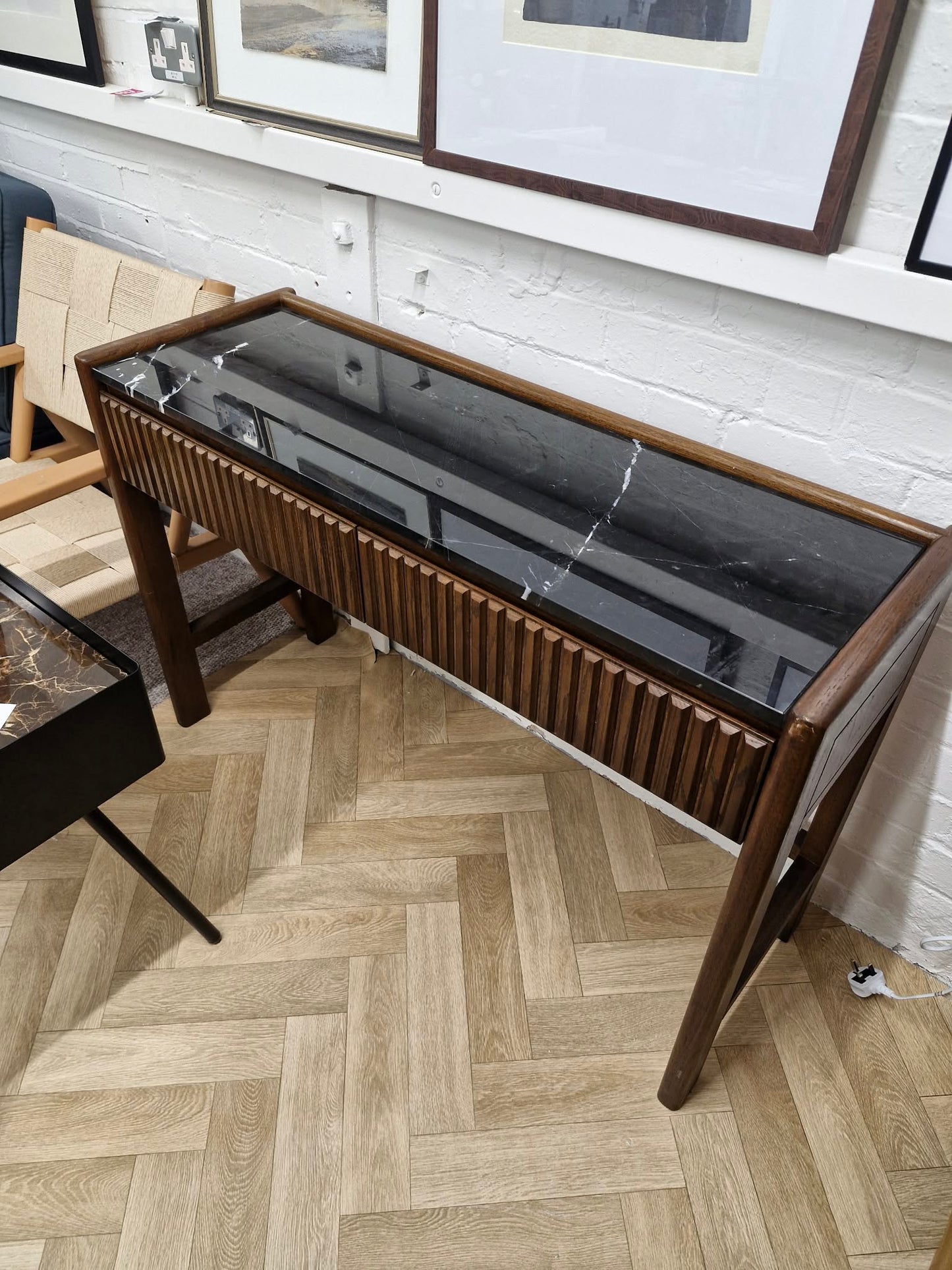 Solid oak and black marble console table / vanity desk / Ribbed front