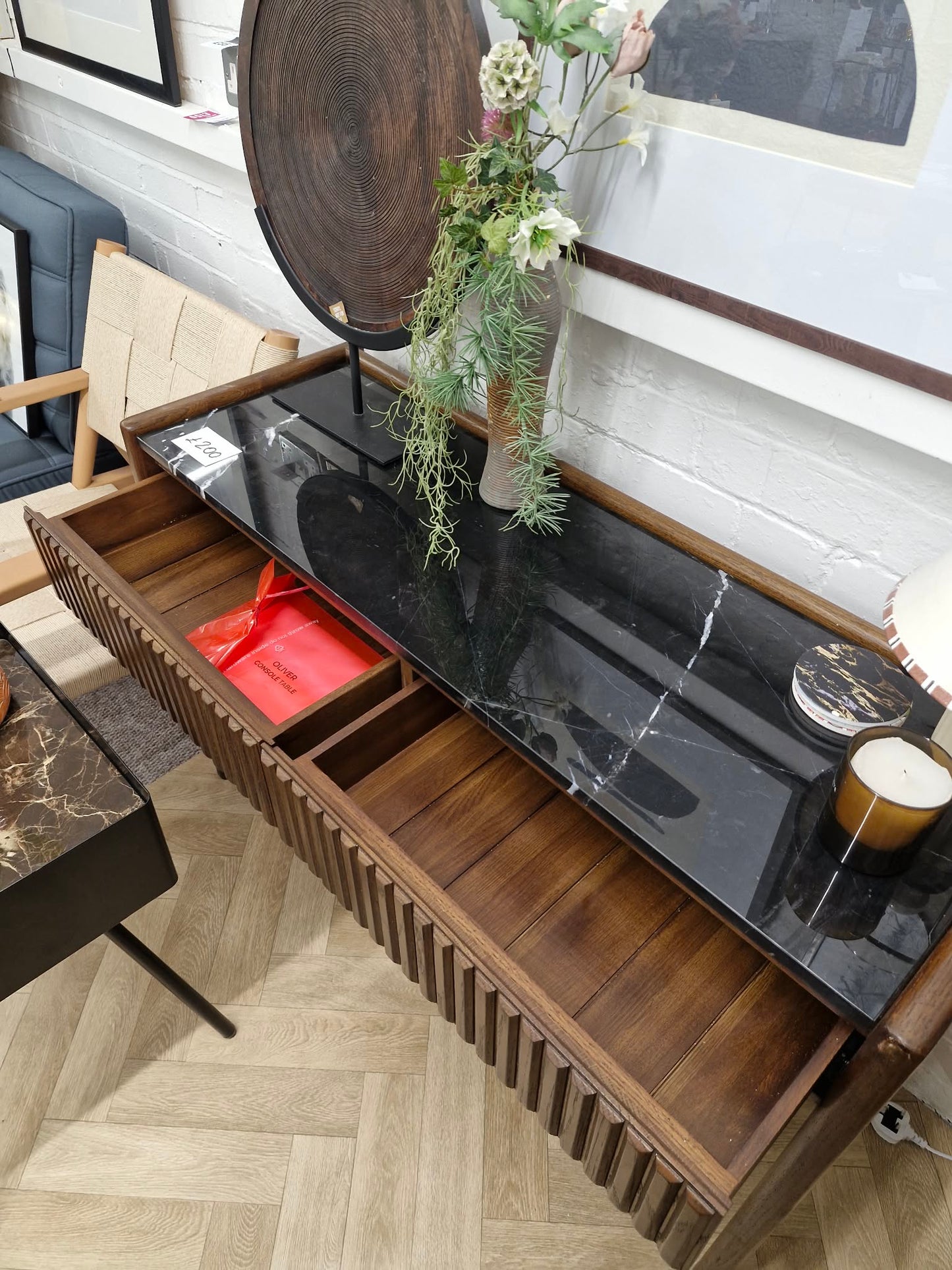 Solid oak and black marble console table / vanity desk / Ribbed front