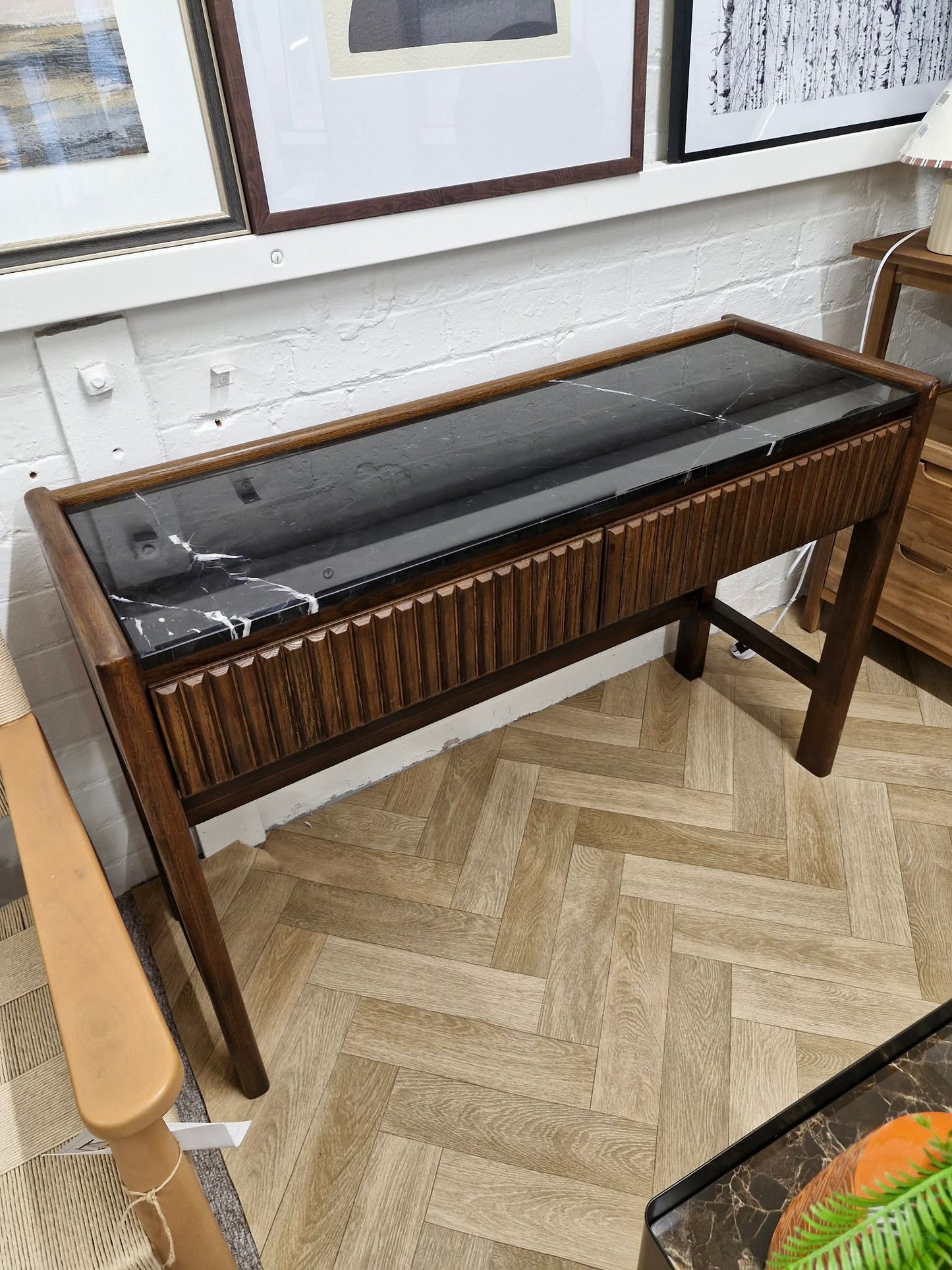 Solid oak and black marble console table / vanity desk / Ribbed front