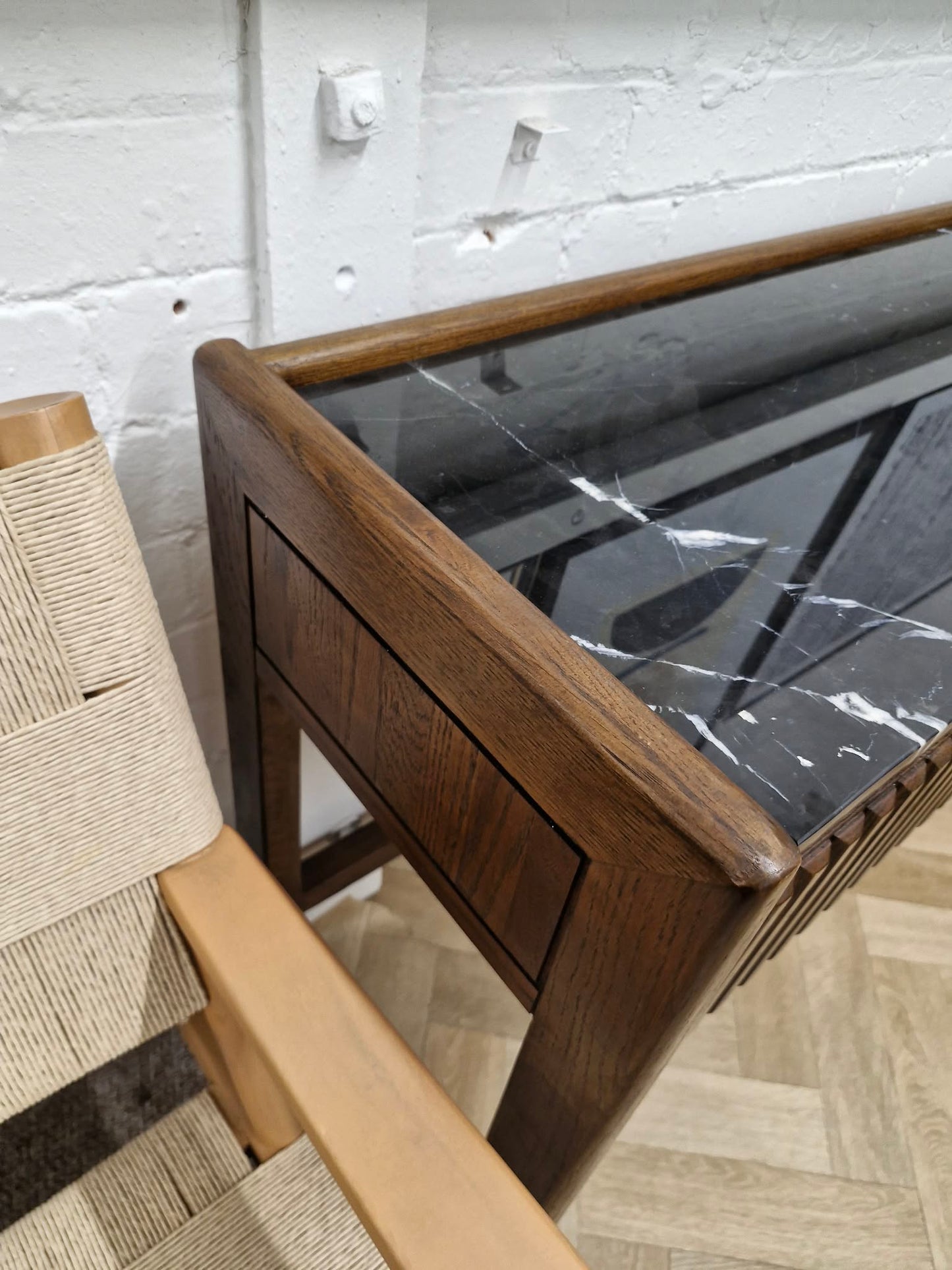 Solid oak and black marble console table / vanity desk / Ribbed front