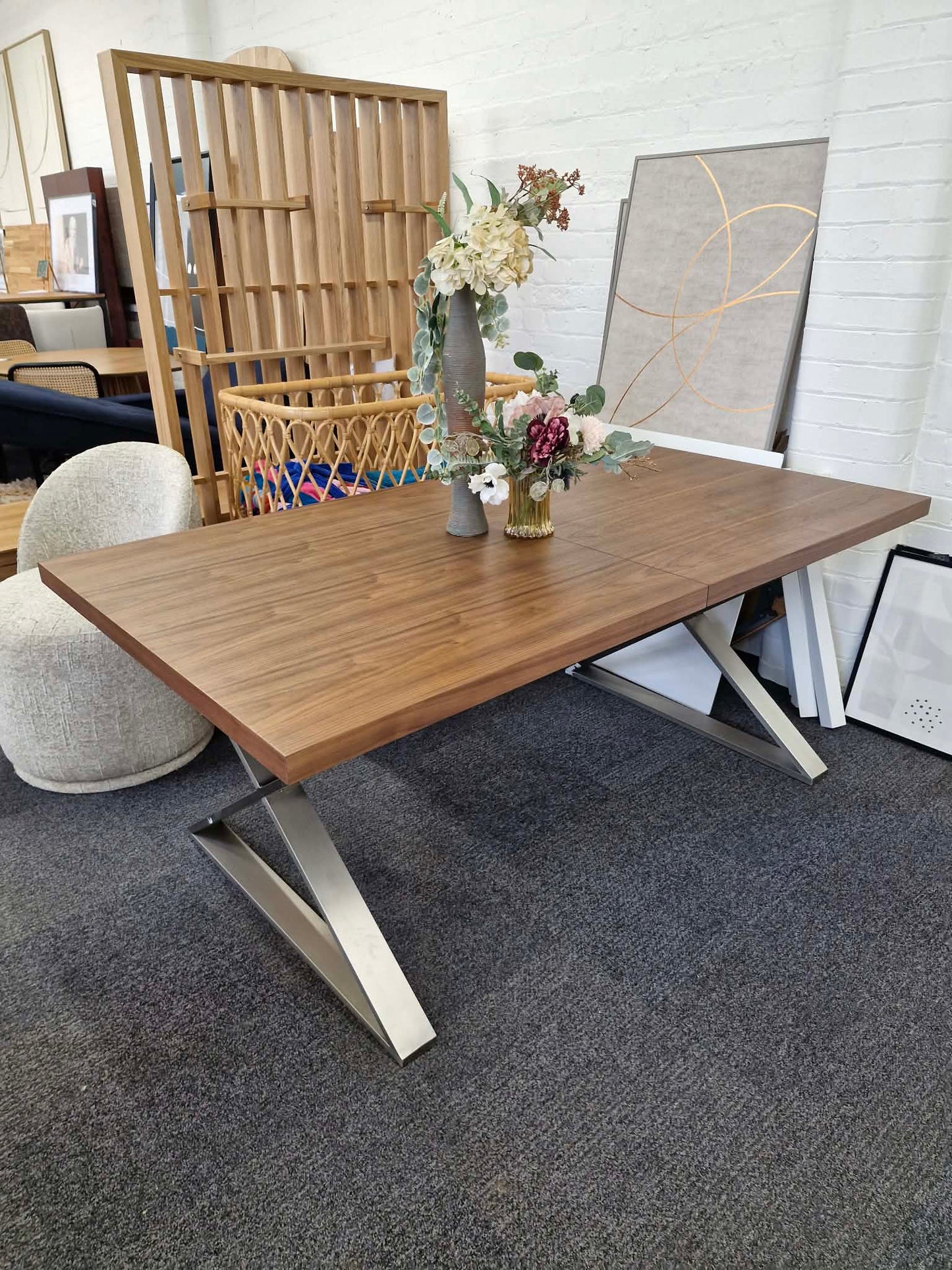 Walnut and Metal Large Extending Dining Table