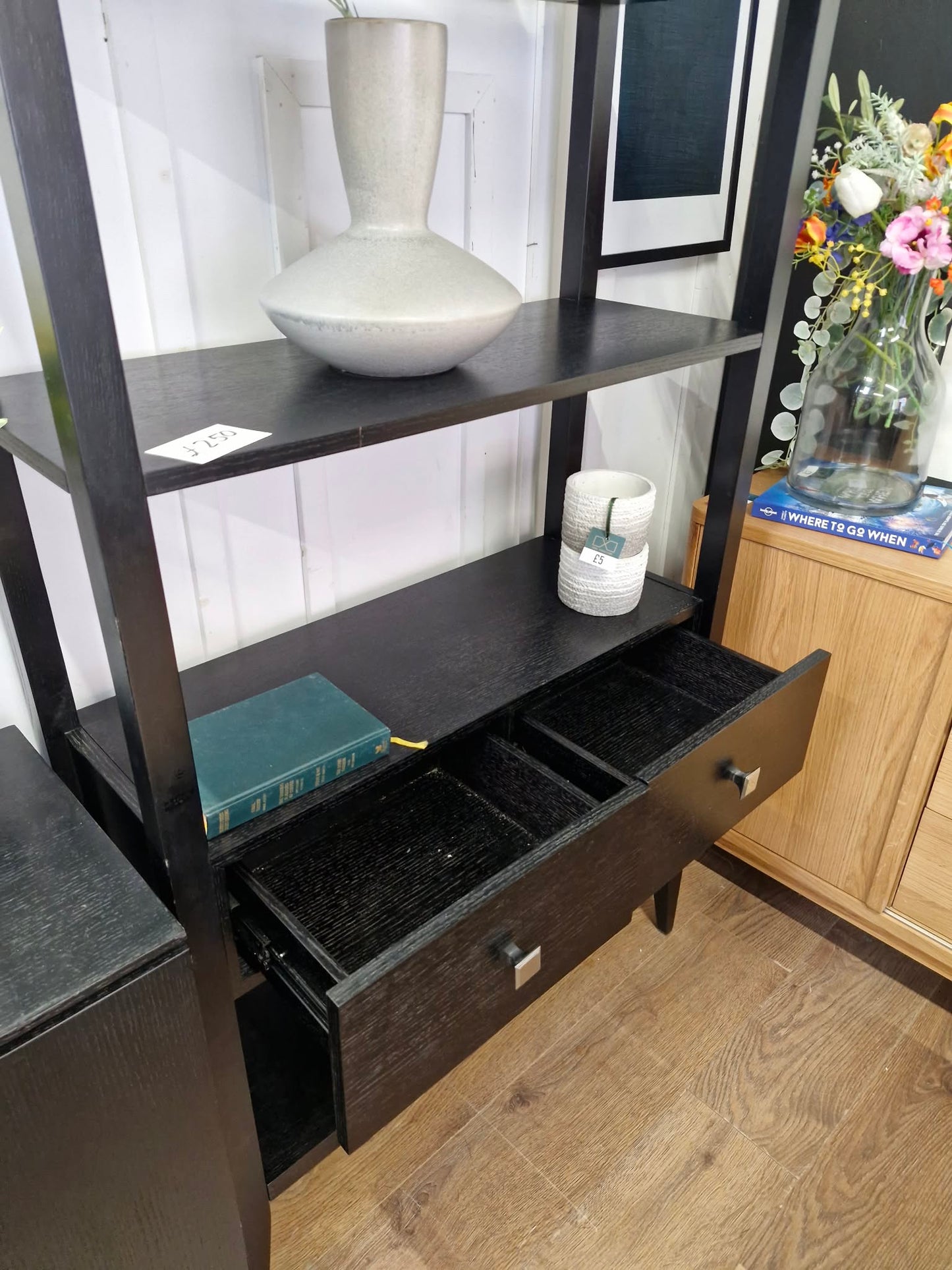 Black Tall Shelving Unit with Drawers / Bookcase