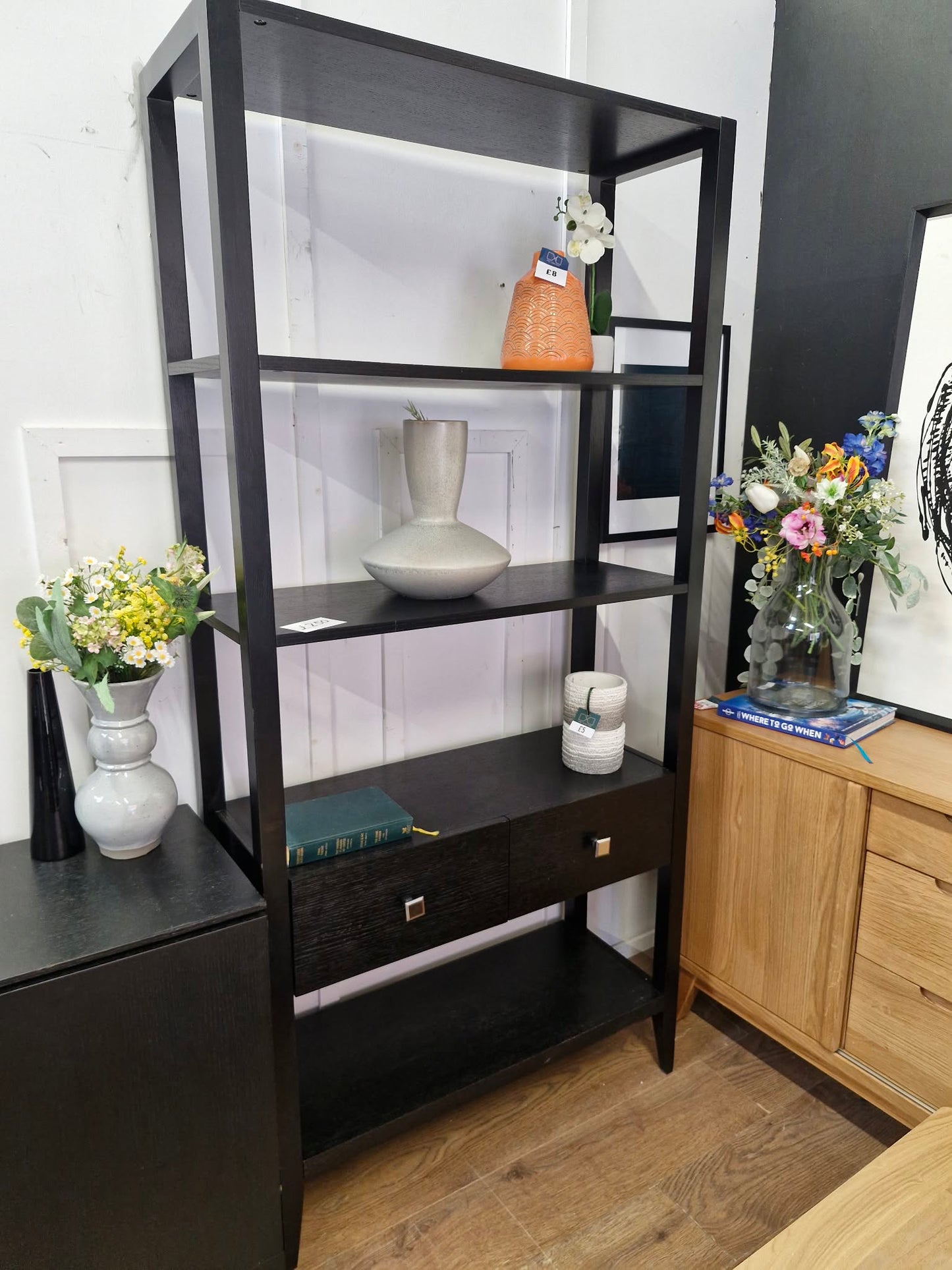 Black Tall Shelving Unit with Drawers / Bookcase