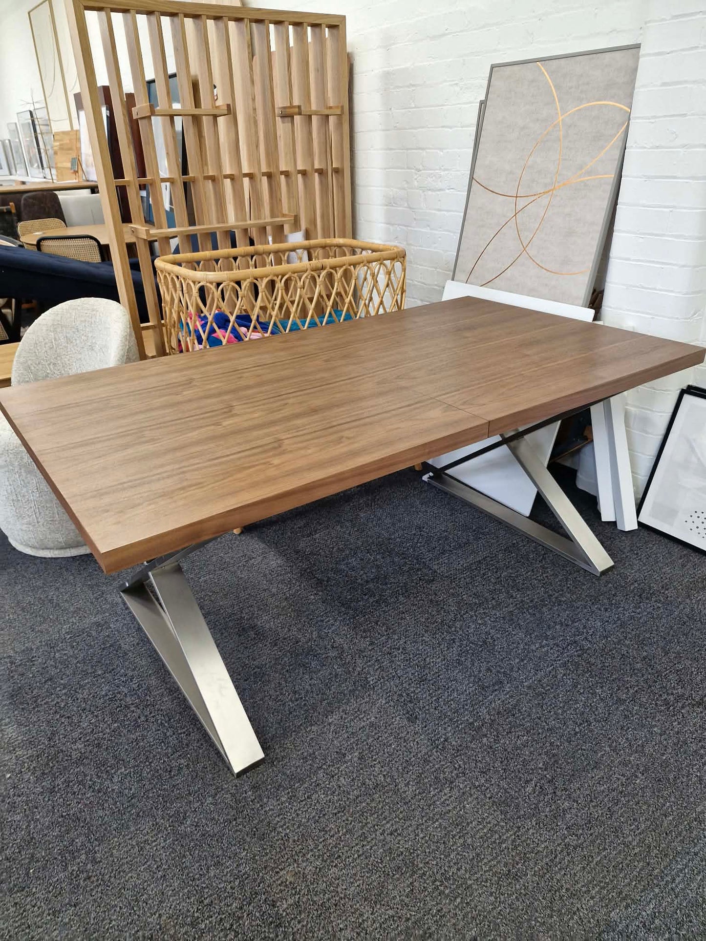 Walnut and Metal Large Extending Dining Table