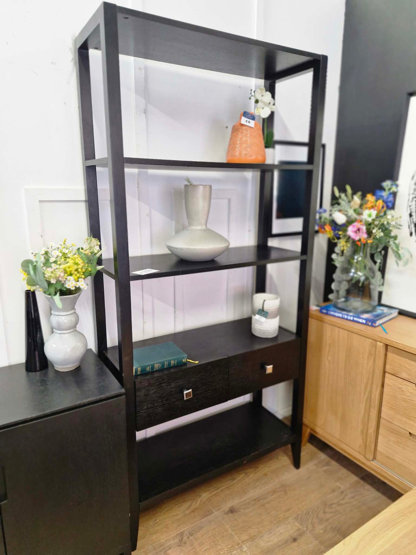 Black Tall Shelving Unit with Drawers / Bookcase
