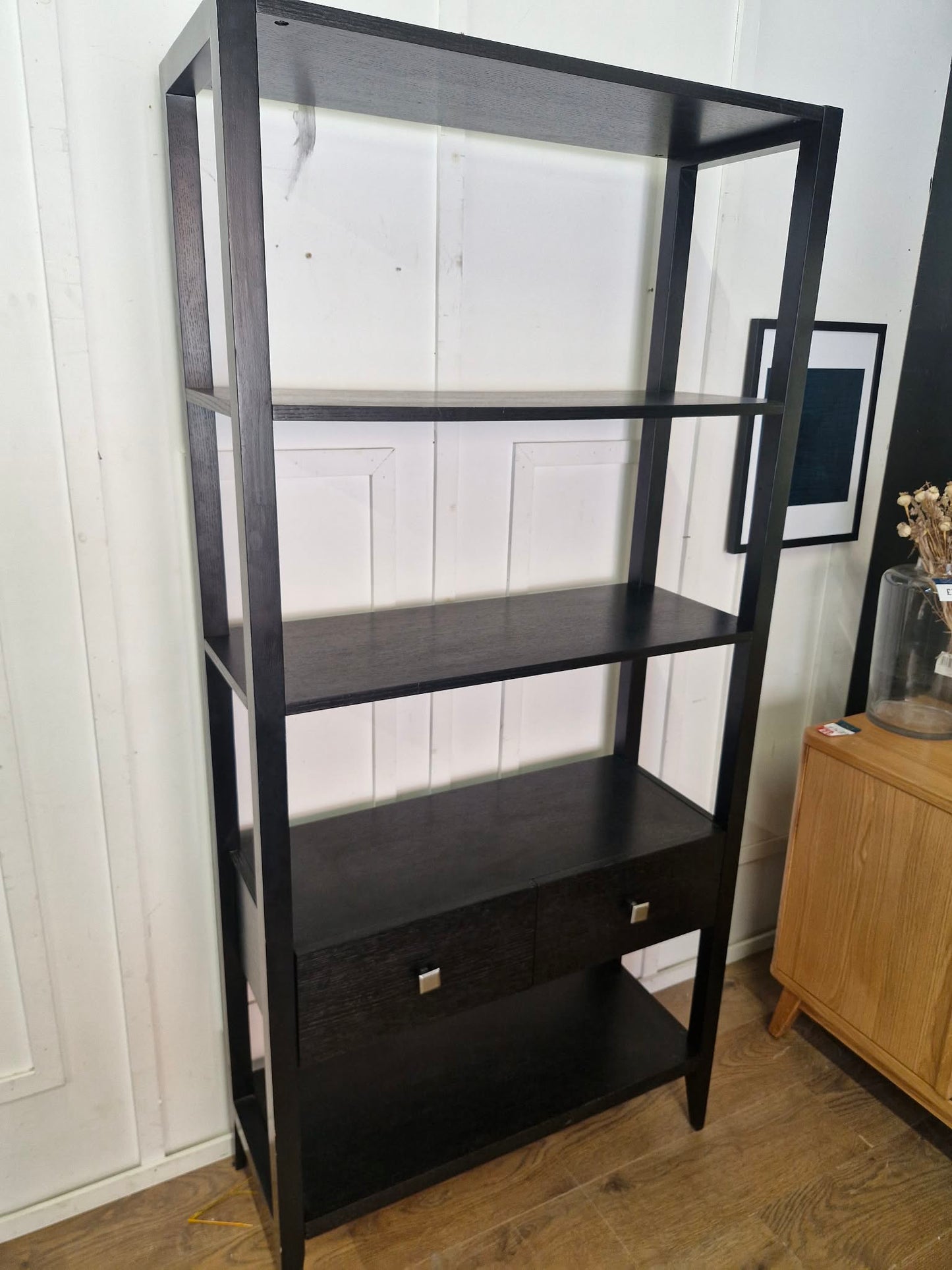Black Tall Shelving Unit with Drawers / Bookcase