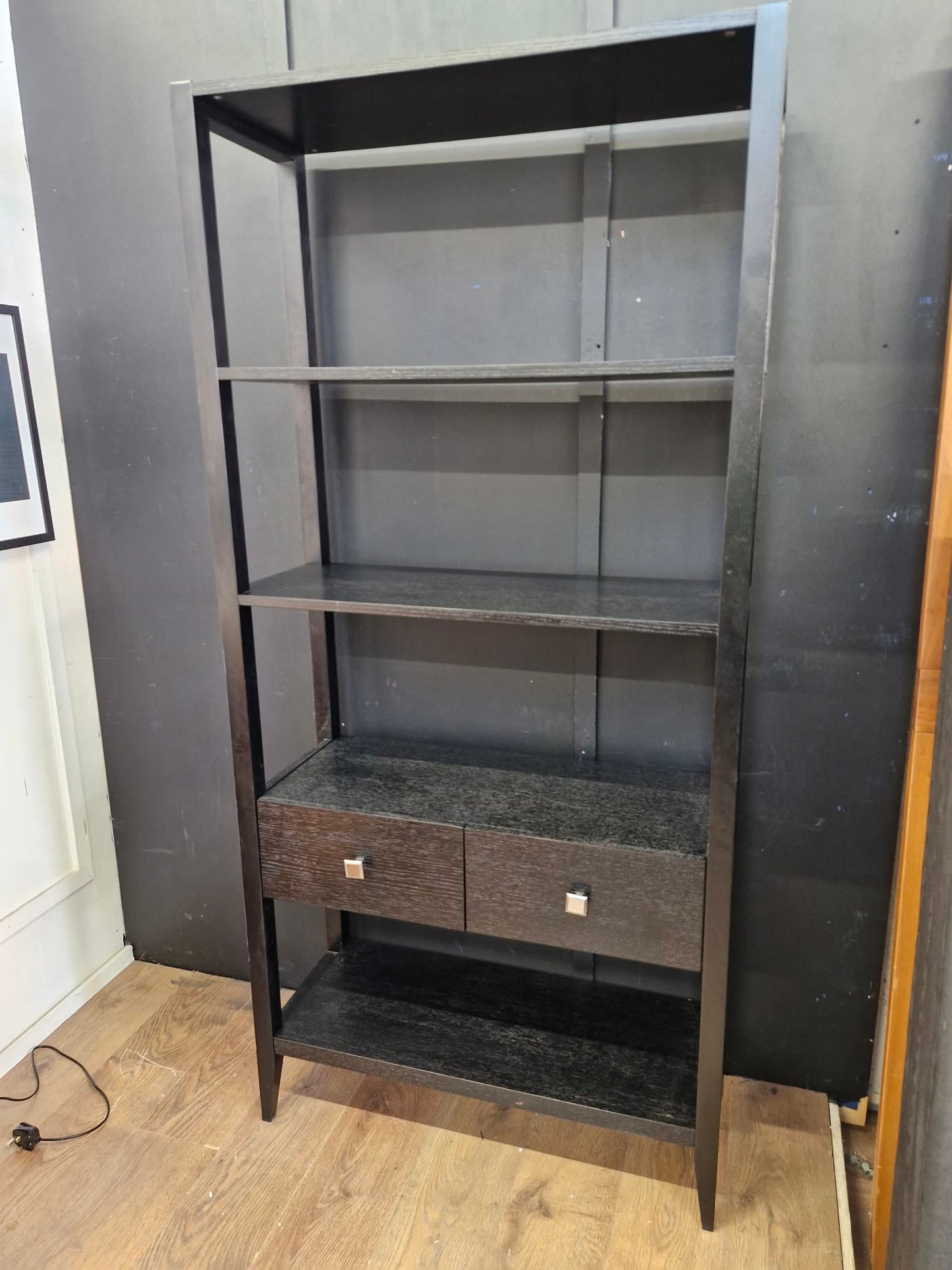 Black Tall Shelving Unit with Drawers / Bookcase