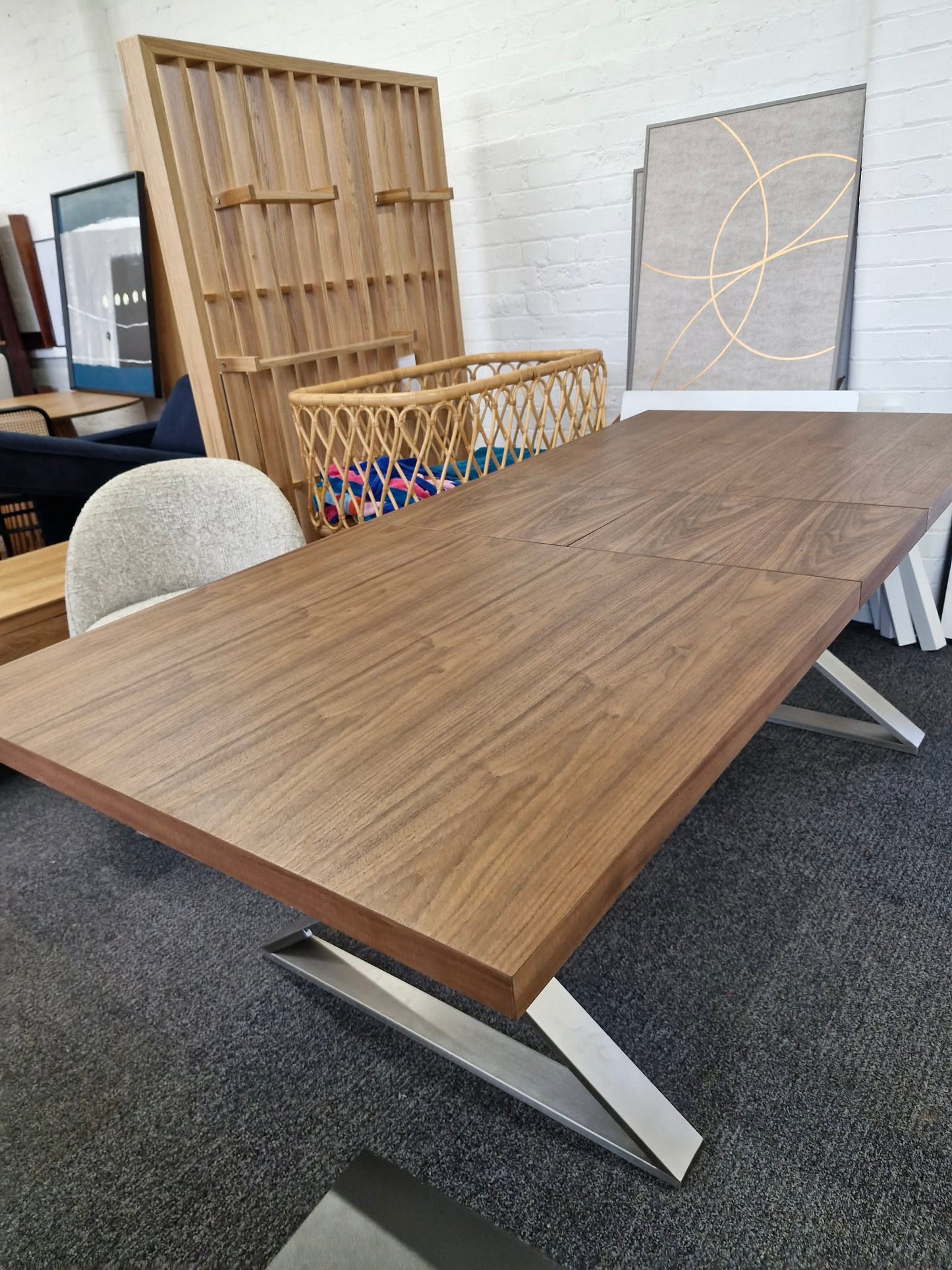 Walnut and Metal Large Extending Dining Table
