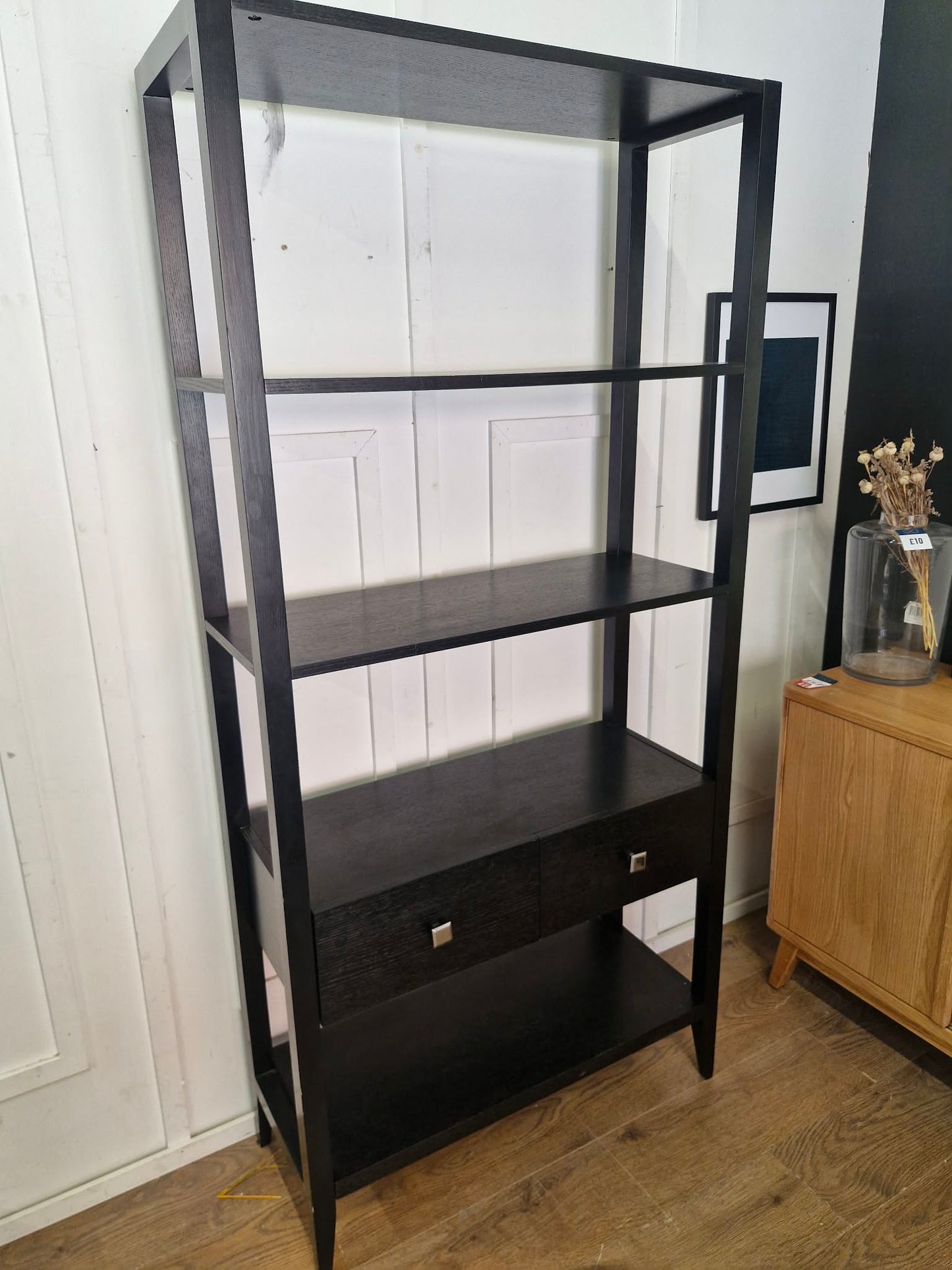 Black Tall Shelving Unit with Drawers / Bookcase