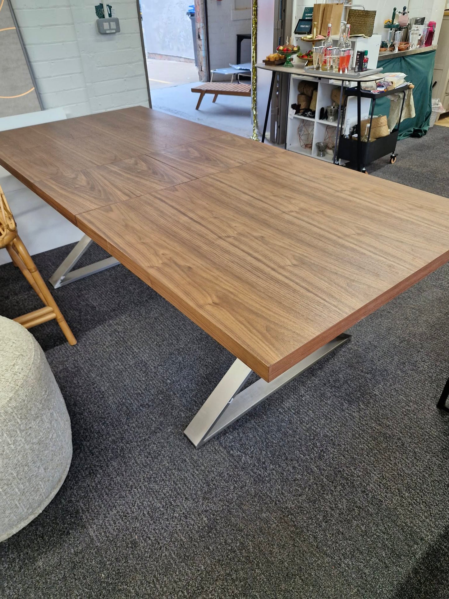 Walnut and Metal Large Extending Dining Table