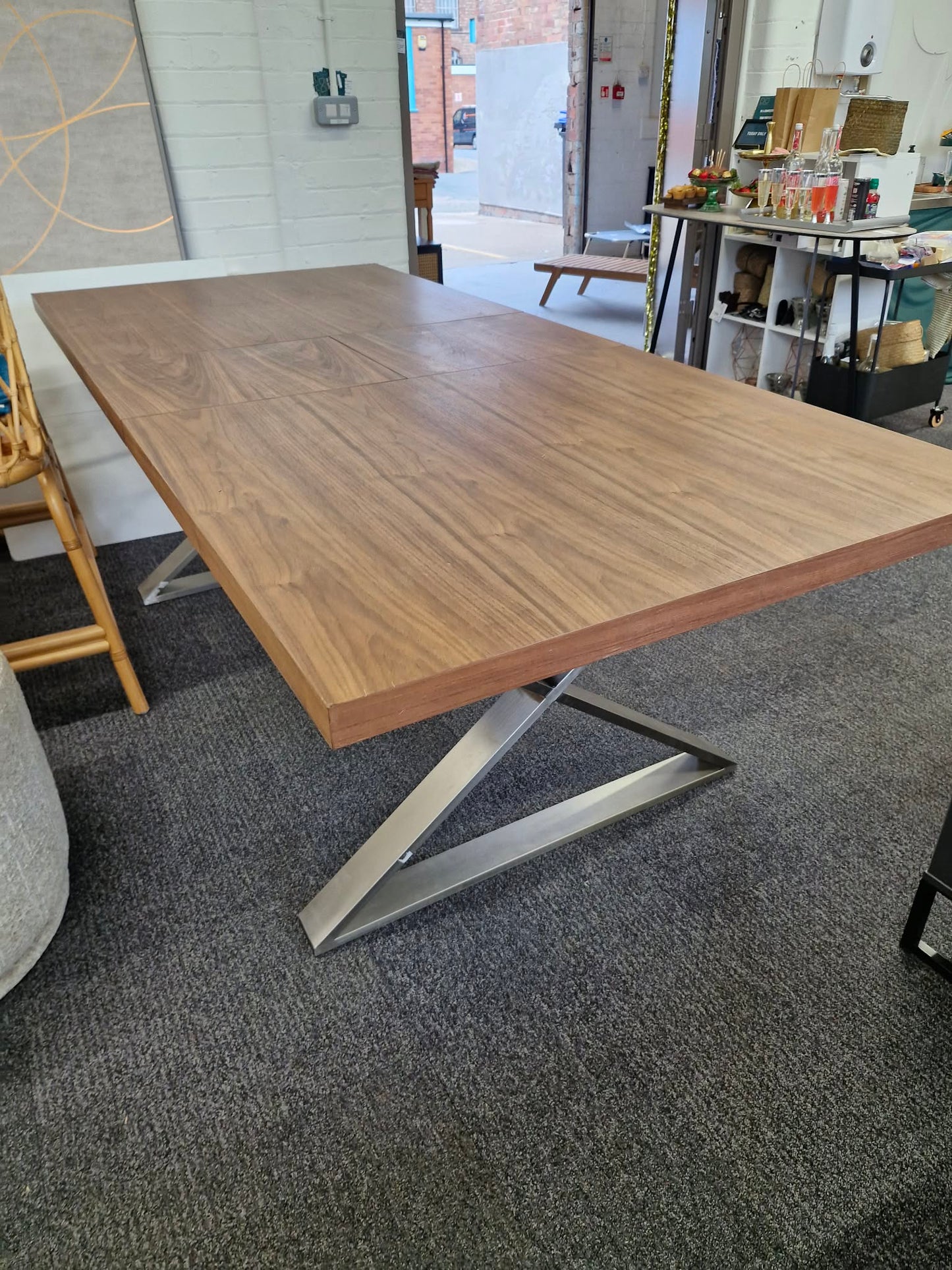 Walnut and Metal Large Extending Dining Table