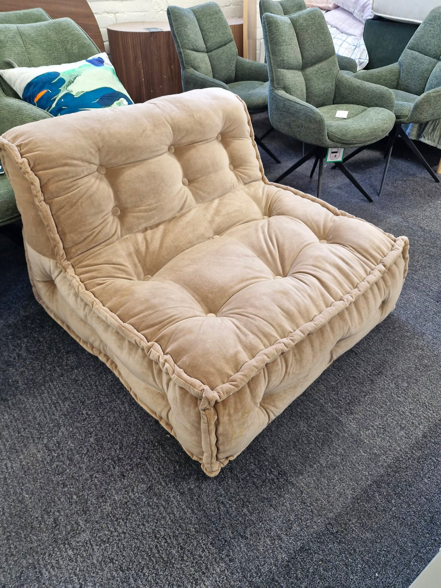 Wide Beige Velvet Two-Seater Floor Cushion / Armchair