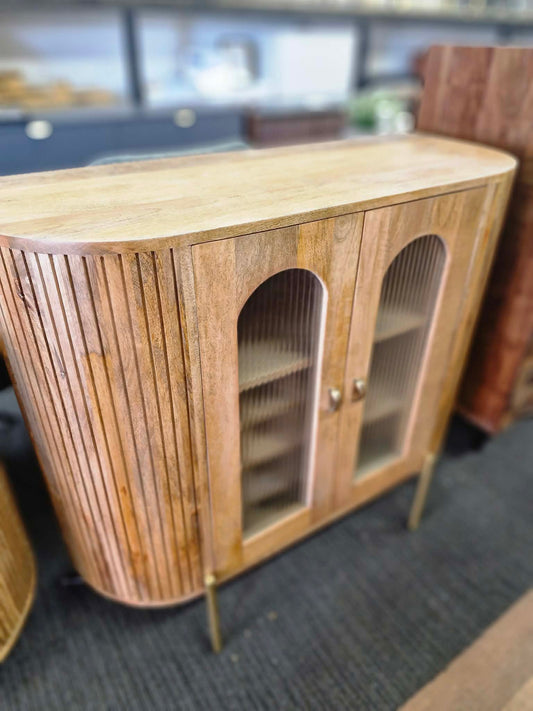 Solid Mango Wood Drink Cabinet with 2 Glass Ribbed Doors