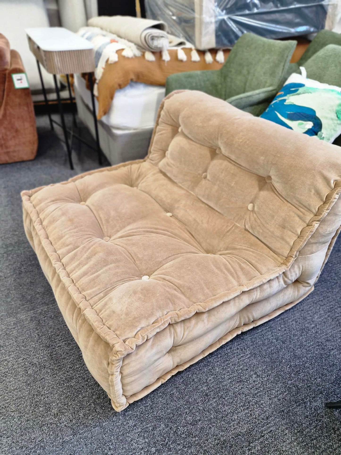 Wide Beige Velvet Two-Seater Floor Cushion / Armchair