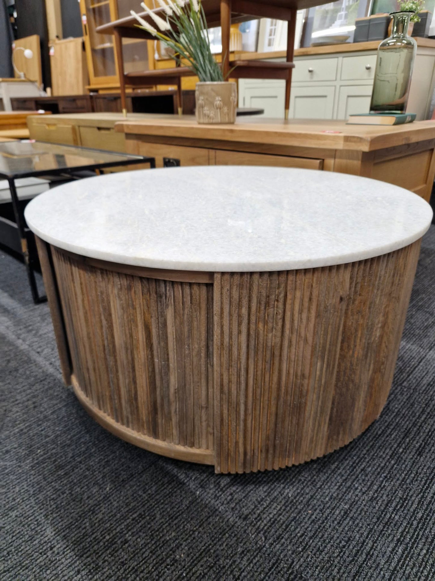 Round Solid Wood and White Marble Storage Coffee Table / Ribbed Base
