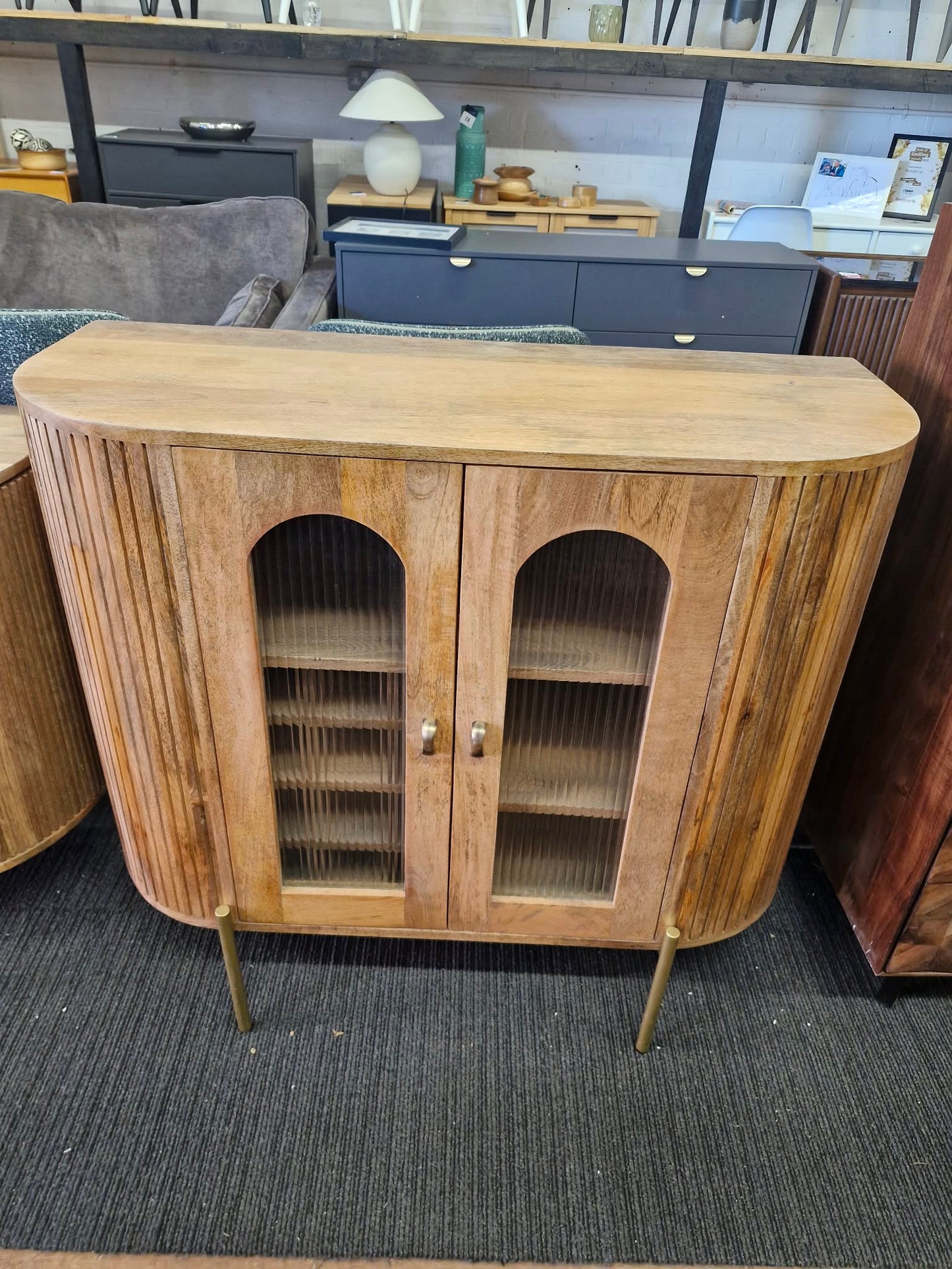 Solid Mango Wood Drink Cabinet with 2 Glass Ribbed Doors