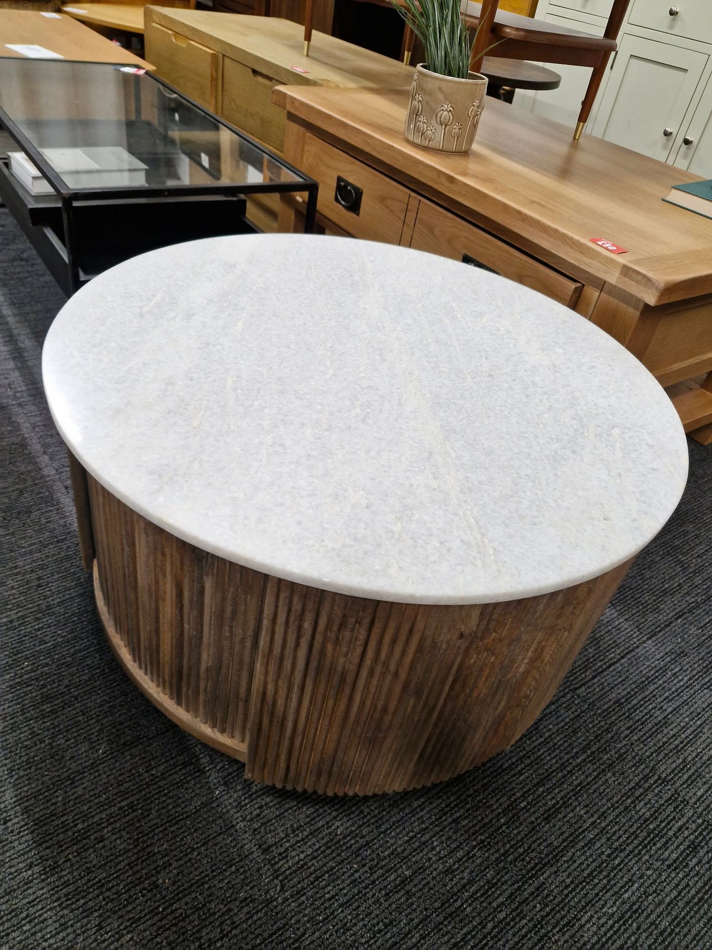 Round Solid Wood and White Marble Storage Coffee Table / Ribbed Base