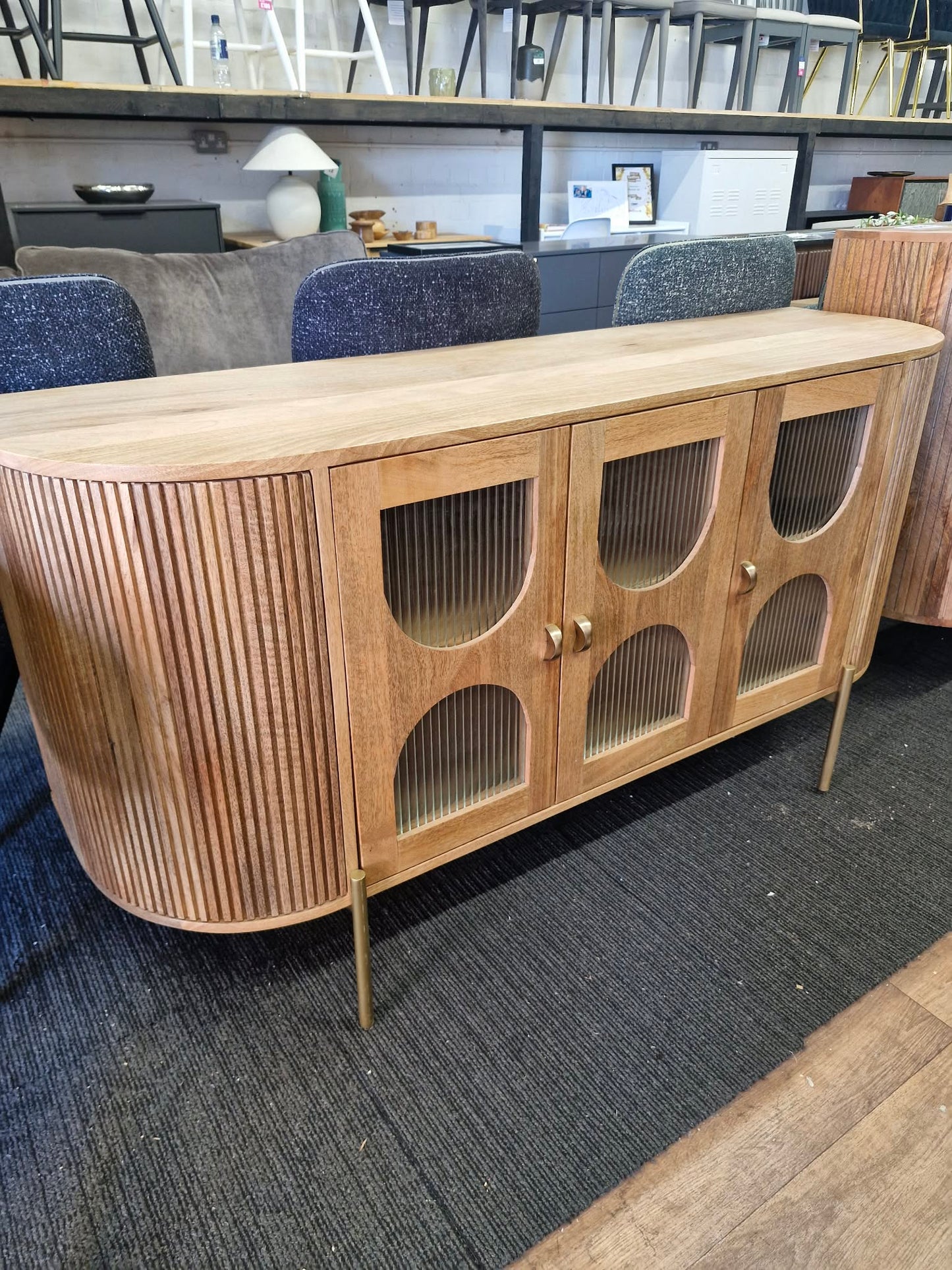 Solid Mango Wood Sideboard with 3 Glass Ribbed Doors
