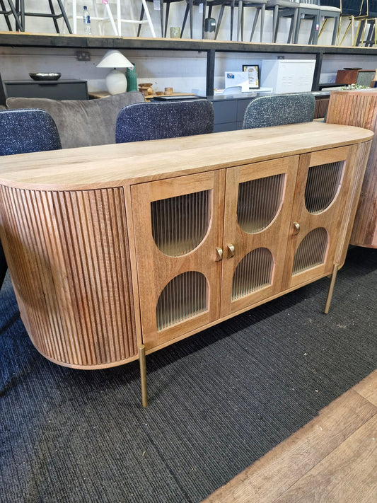 Solid Mango Wood Sideboard with 3 Glass Ribbed Doors