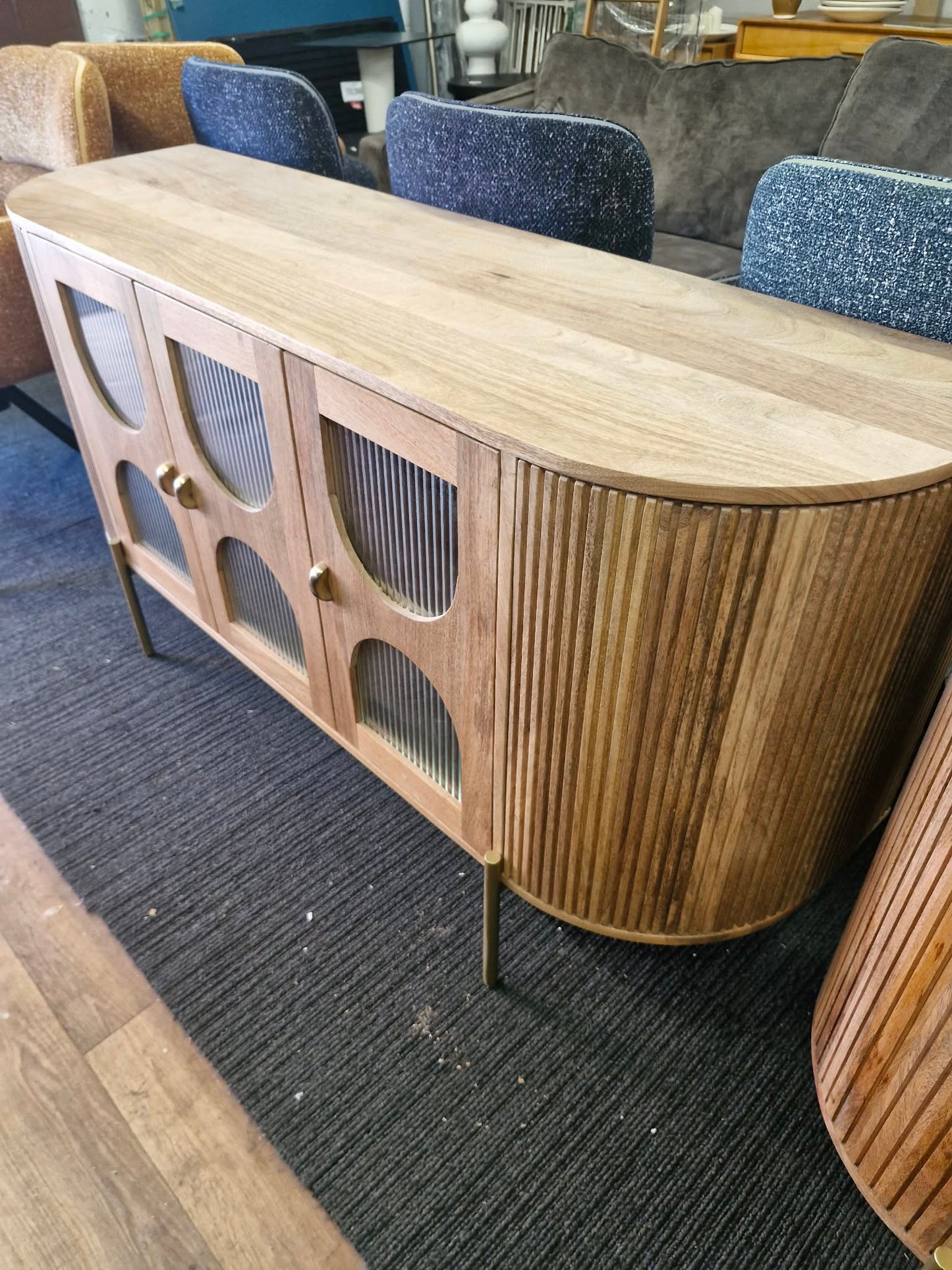 Solid Mango Wood Sideboard with 3 Glass Ribbed Doors