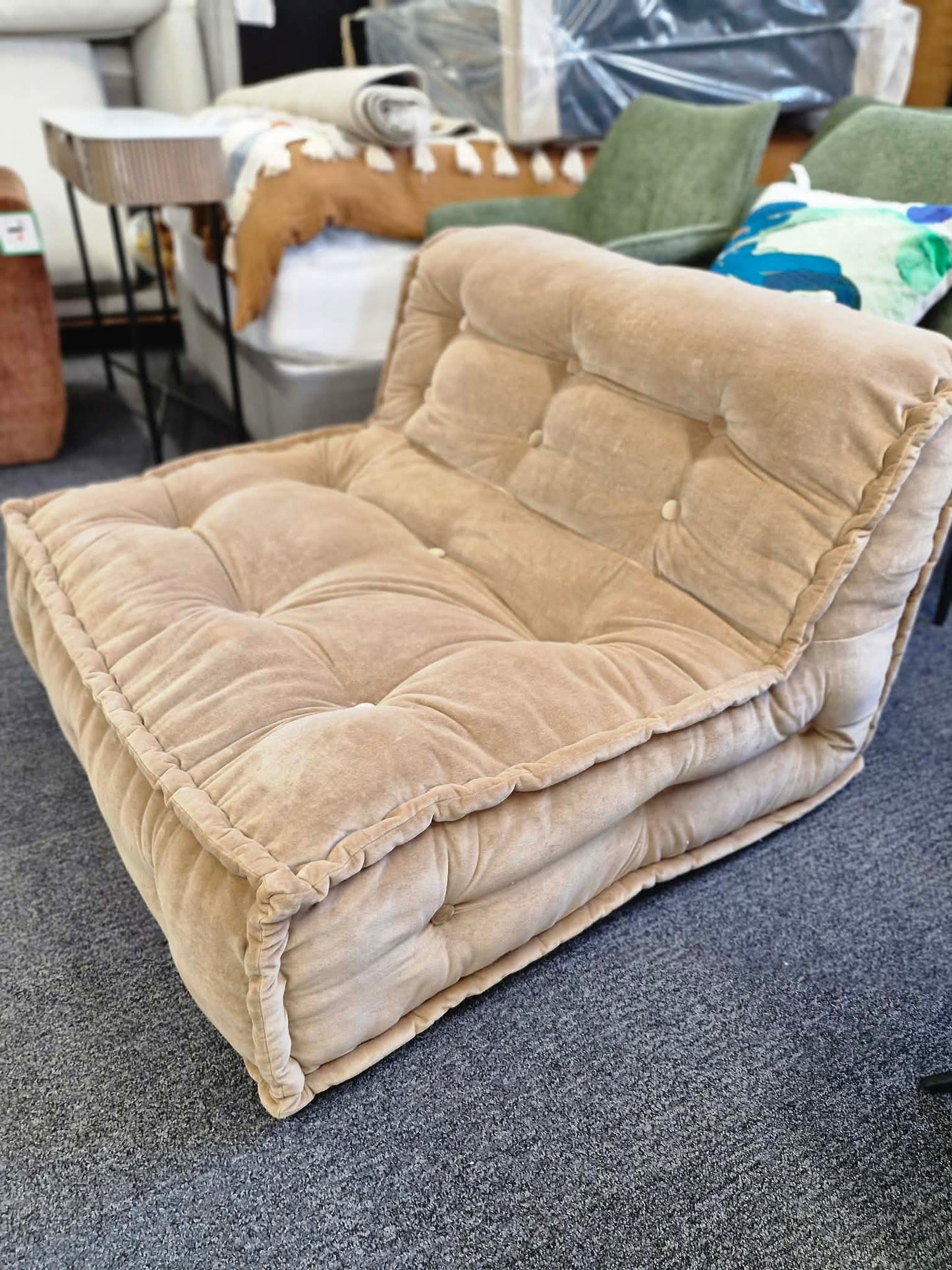 Wide Beige Velvet Two-Seater Floor Cushion / Armchair