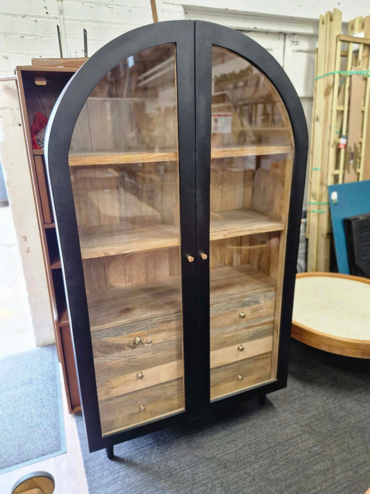 Arched Solid Wood Black and Glass Door Display cabinet