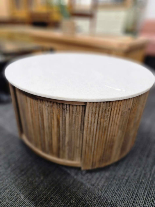 Round Solid Wood and White Marble Storage Coffee Table / Ribbed Base