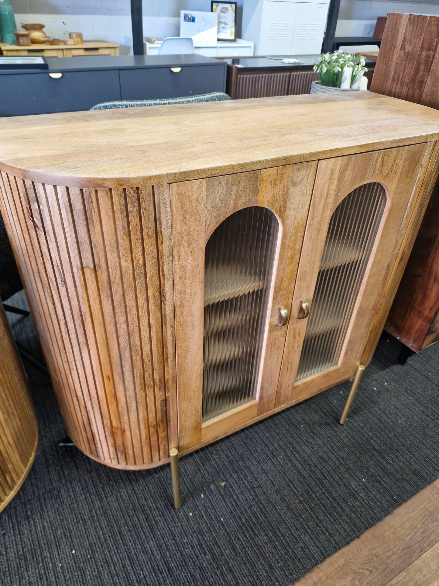 Solid Mango Wood Drink Cabinet with 2 Glass Ribbed Doors