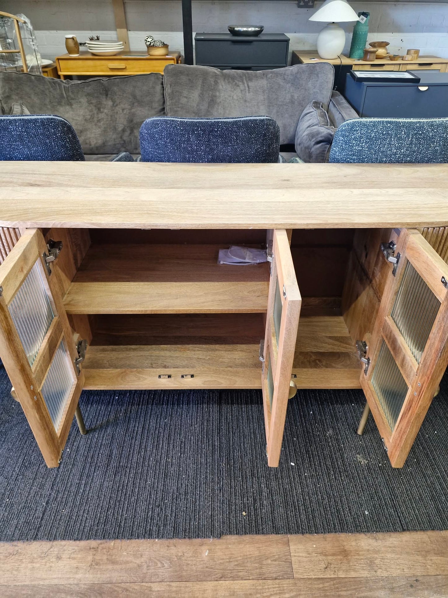 Solid Mango Wood Sideboard with 3 Glass Ribbed Doors