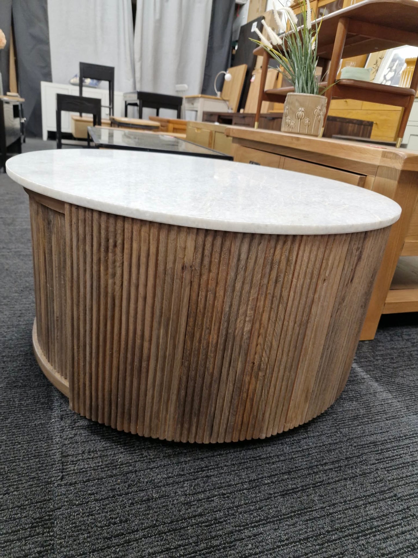 Round Solid Wood and White Marble Storage Coffee Table / Ribbed Base