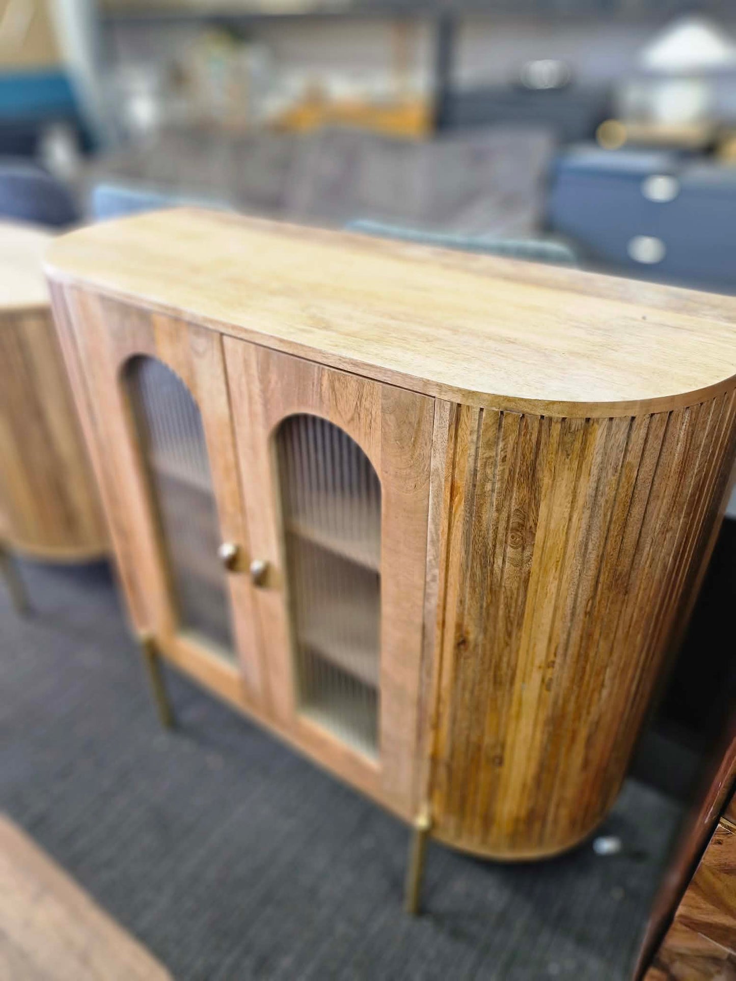 Solid Mango Wood Drink Cabinet with 2 Glass Ribbed Doors