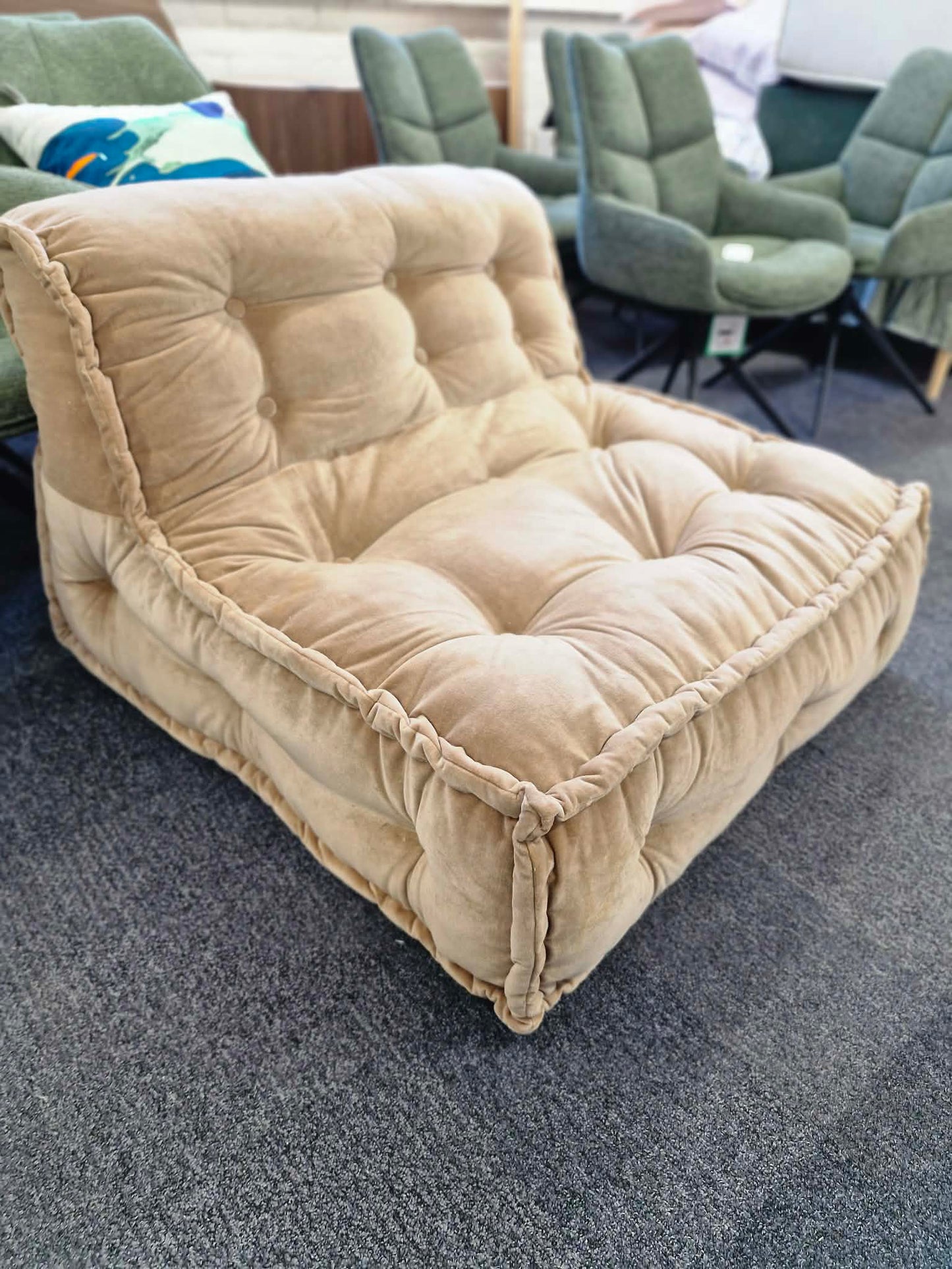 Wide Beige Velvet Two-Seater Floor Cushion / Armchair