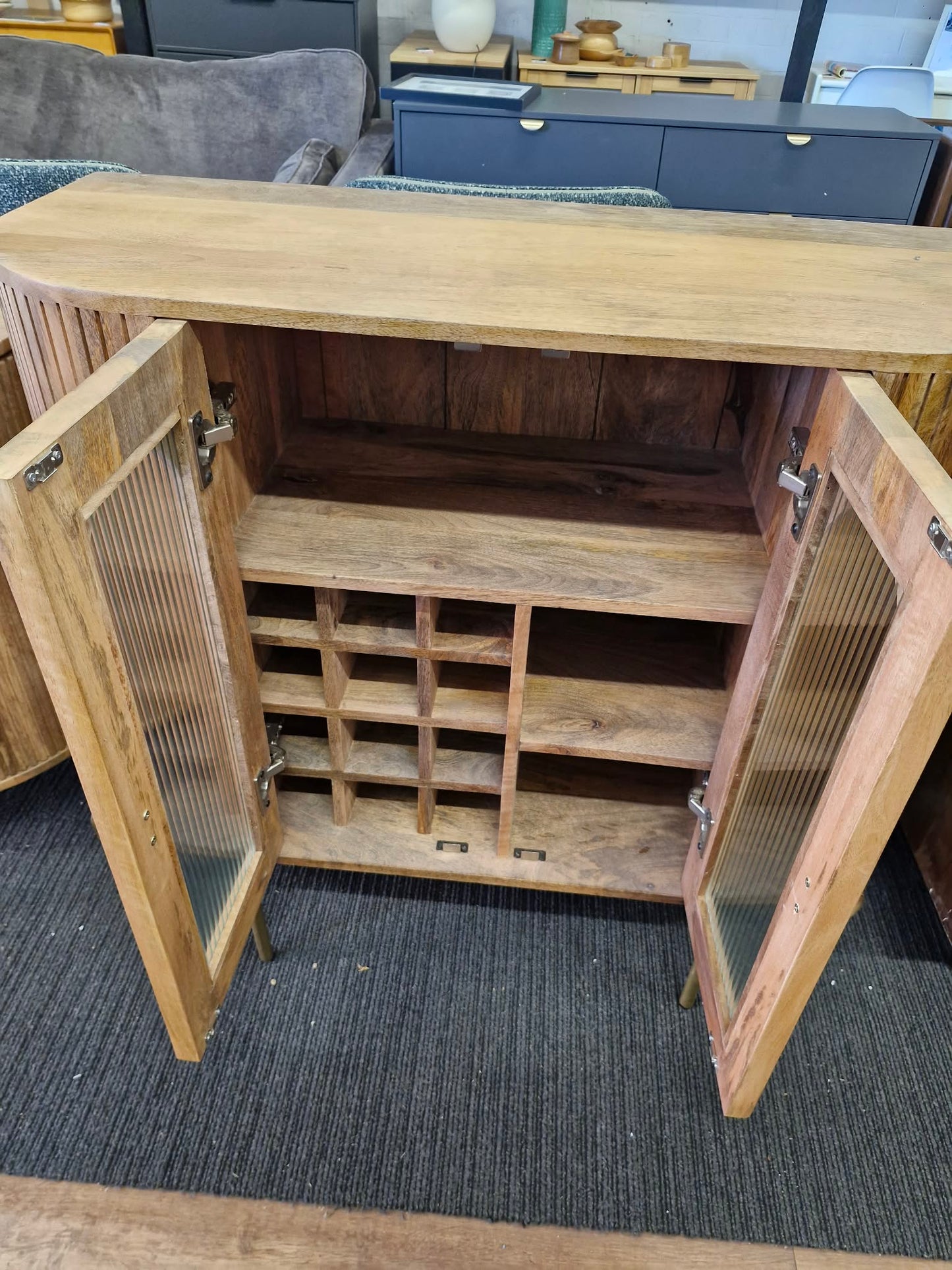 Solid Mango Wood Drink Cabinet with 2 Glass Ribbed Doors