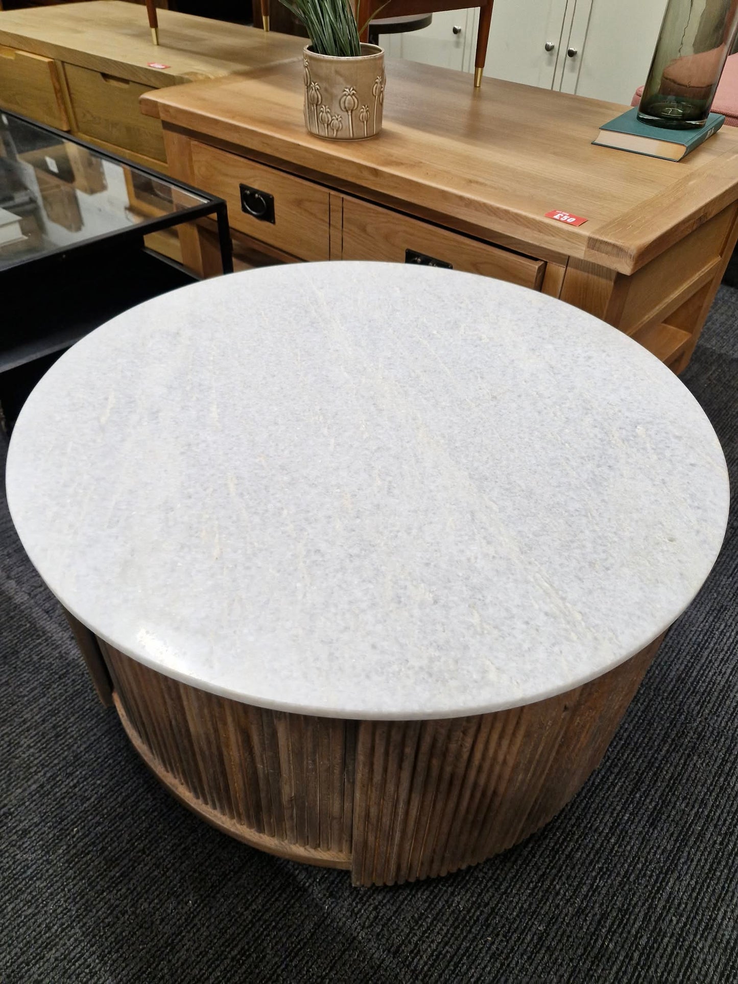 Round Solid Wood and White Marble Storage Coffee Table / Ribbed Base