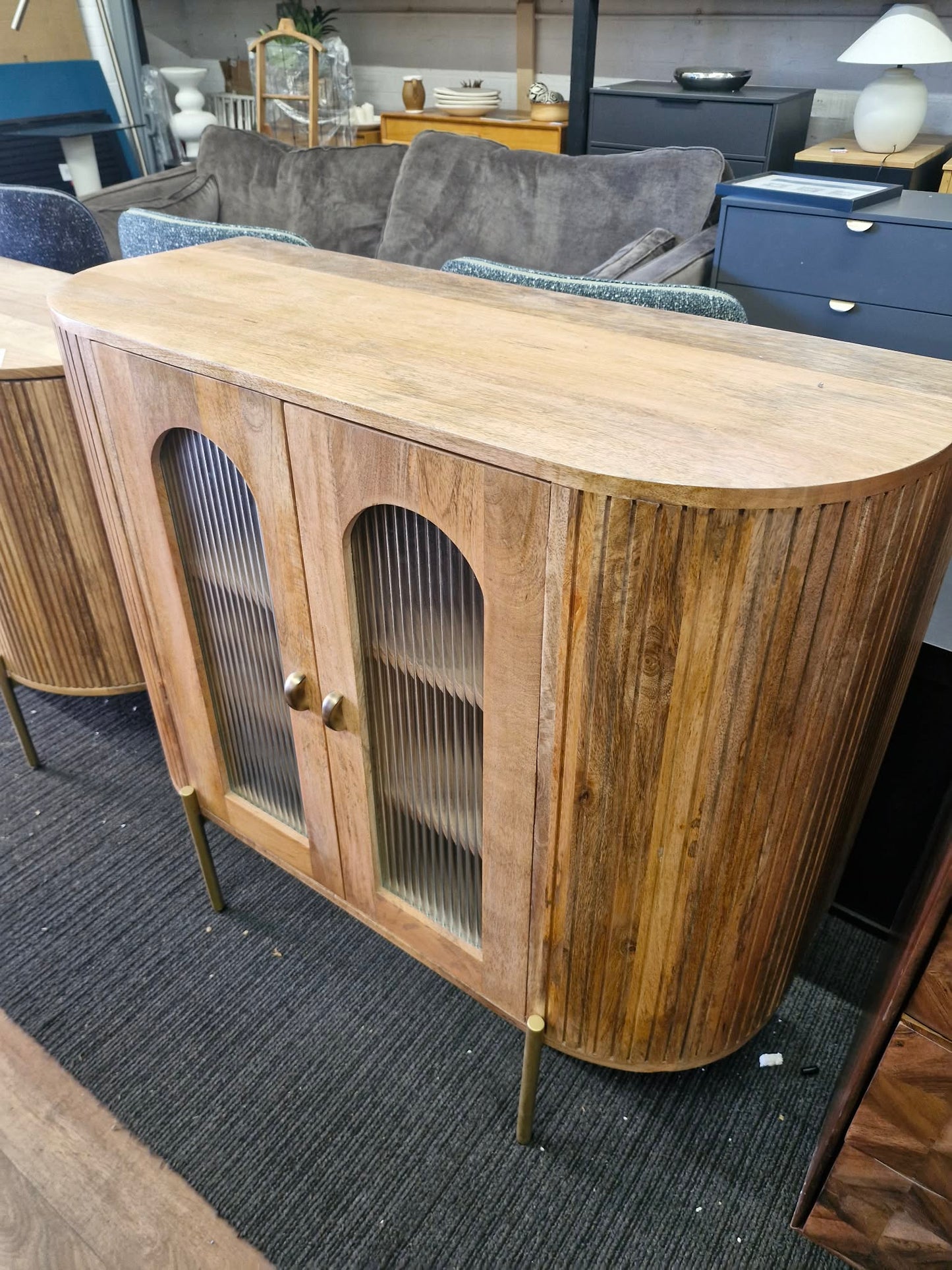 Solid Mango Wood Drink Cabinet with 2 Glass Ribbed Doors
