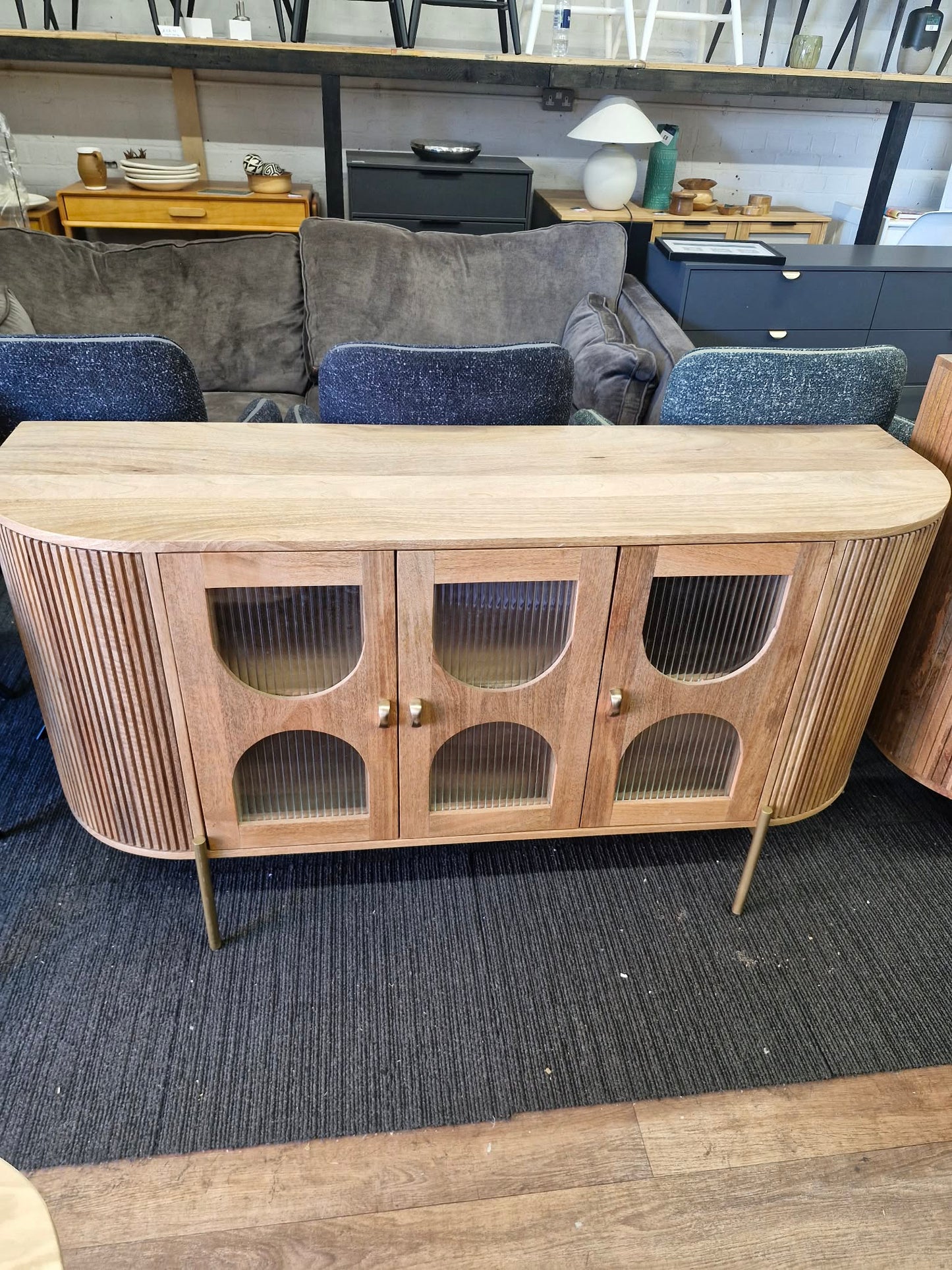 Solid Mango Wood Sideboard with 3 Glass Ribbed Doors